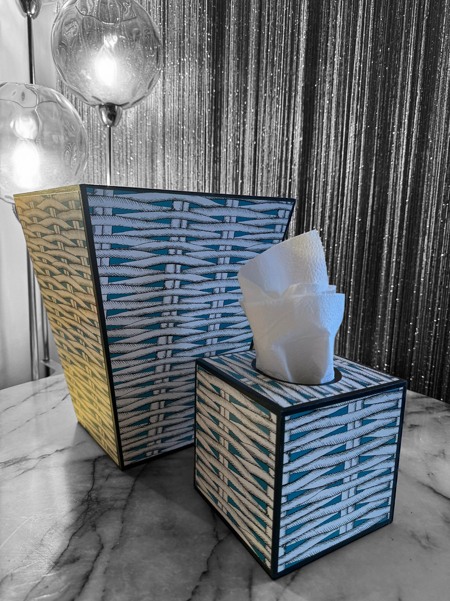 Christian Lacroix X Designers Guild Barbade Aqua waste paper bin & tissue box holder set,handmade by Beatrice Bloom London