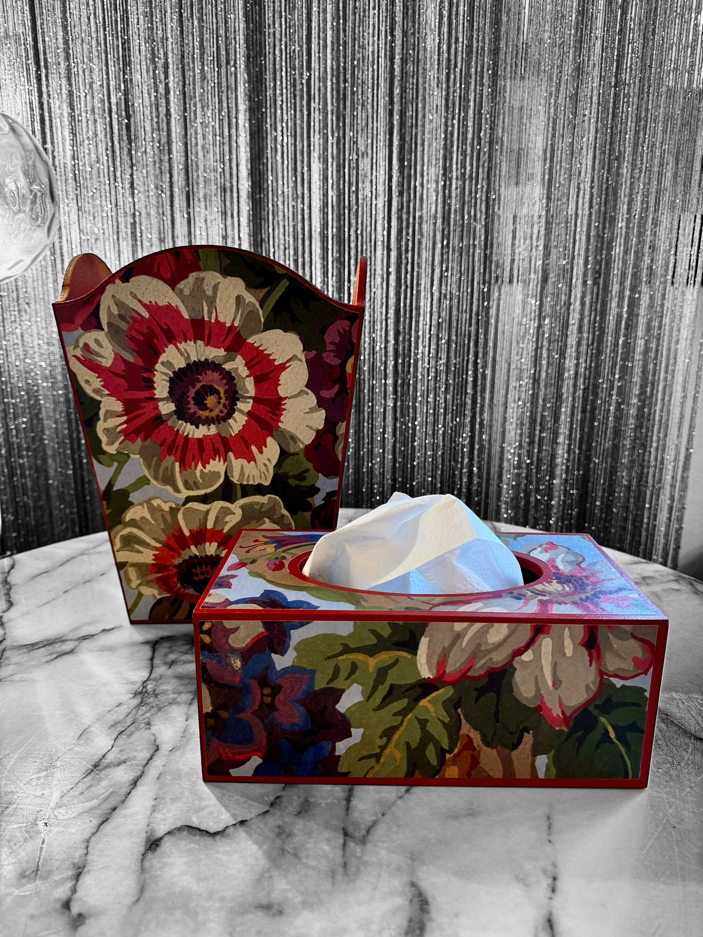 Brighton - Matching set - Waste paper bin and square or round tissue box cover - Decoupage in Florescence by House of Hackney in Azure colourway