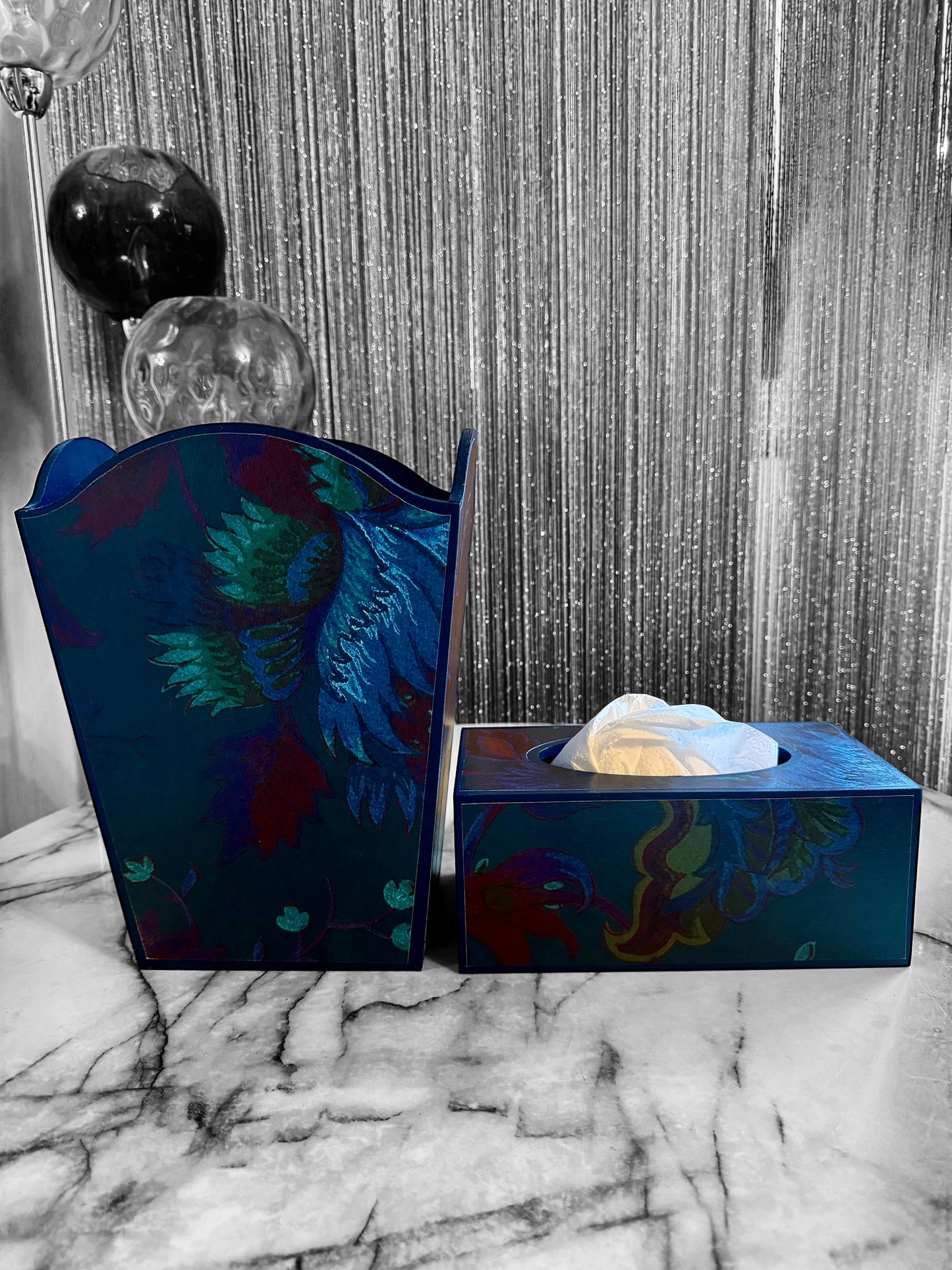 Dover - Matching set option for square or rectangle tissue box cover - Decoupage in Majorelle by House of Hackney in petrol colourway
