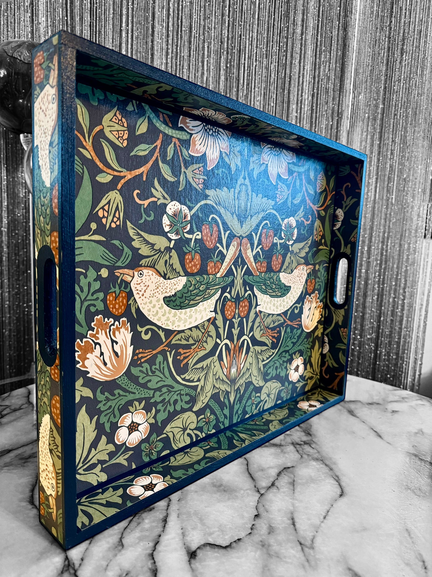 Weybridge - Ottoman tray available in 4 x sizes - Decoupage in William Morris Strawberry Thief in navy colourway