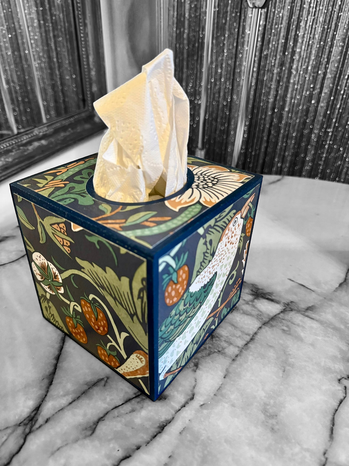 Weybridge - Matching set - option for square or rectangle tissue box cover Decoupage in William Morris Strawberry Thief in navy and green colourway