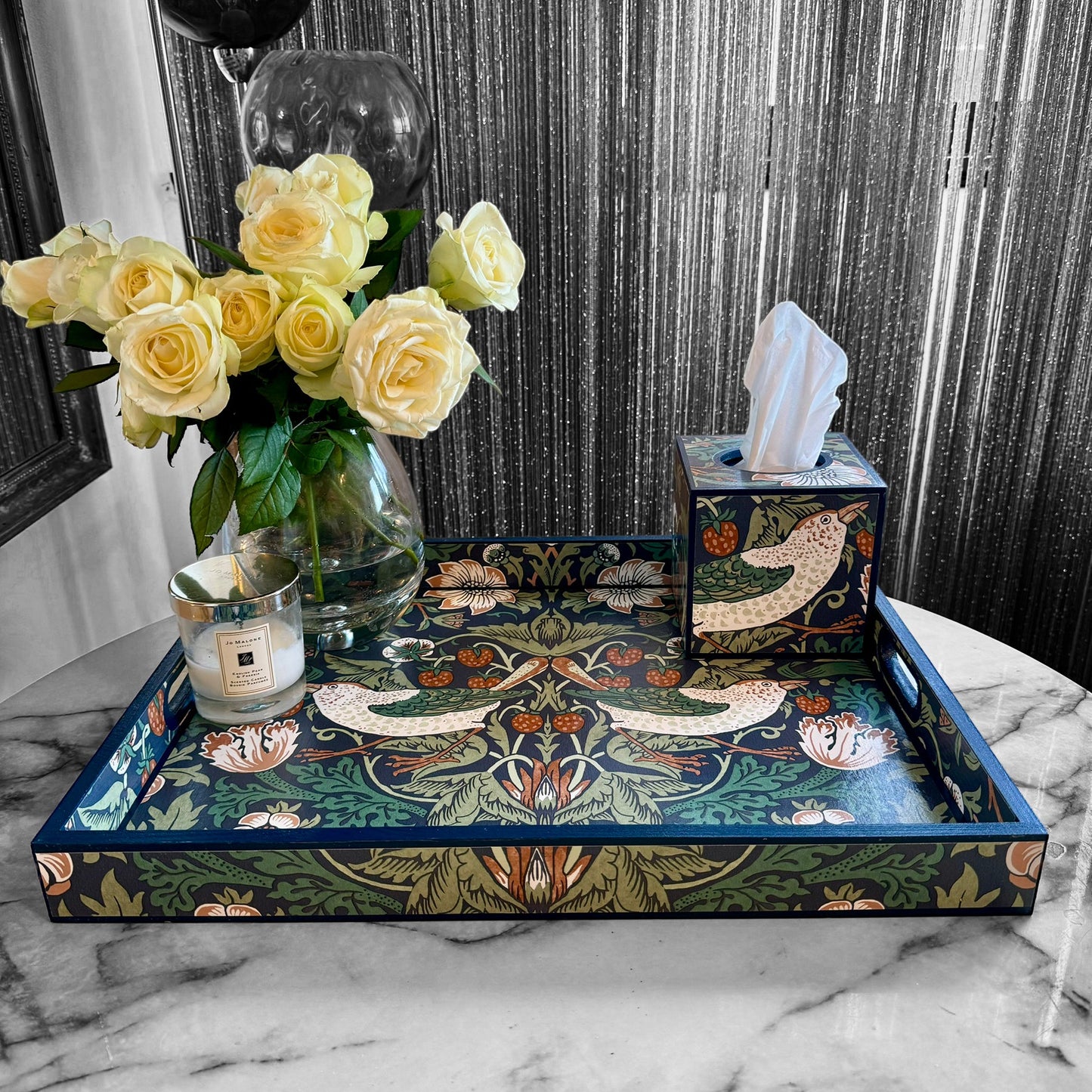 Weybridge - Ottoman tray available in 4 x sizes - Decoupage in William Morris Strawberry Thief in navy colourway