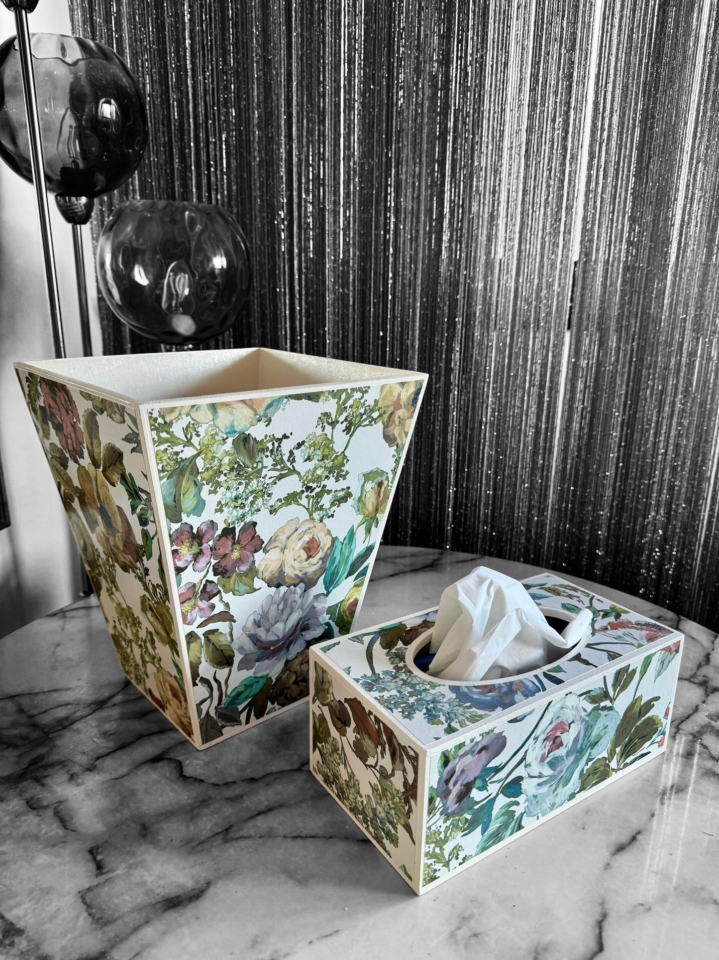 Hove - Matching set - Waste paper bin and square or rectangle tissue box cover - Decoupage in Designers Guild Mansur zinc colour way