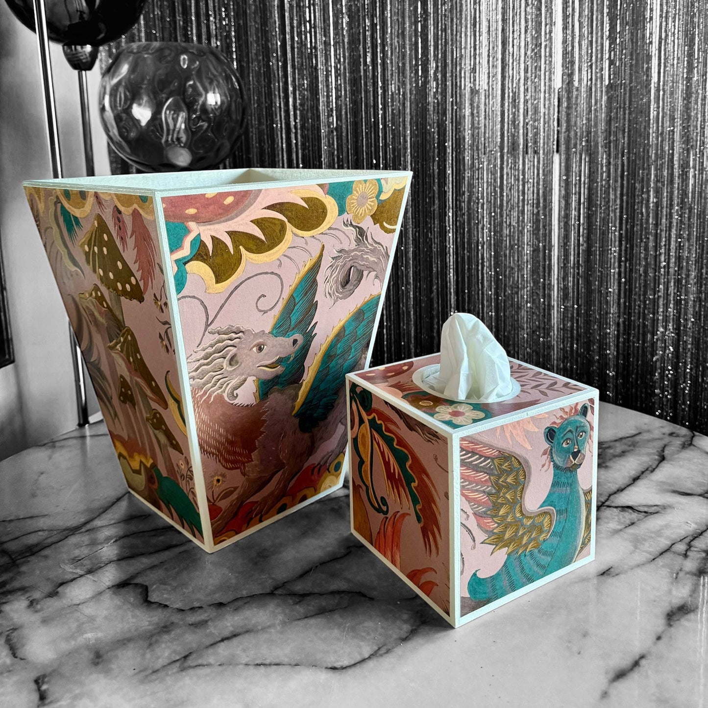 Stoke Newington - Matching set option for square or rectangle tissue box cover - Decoupage in Phantasia by House of Hackney in Tourmaline colourway.