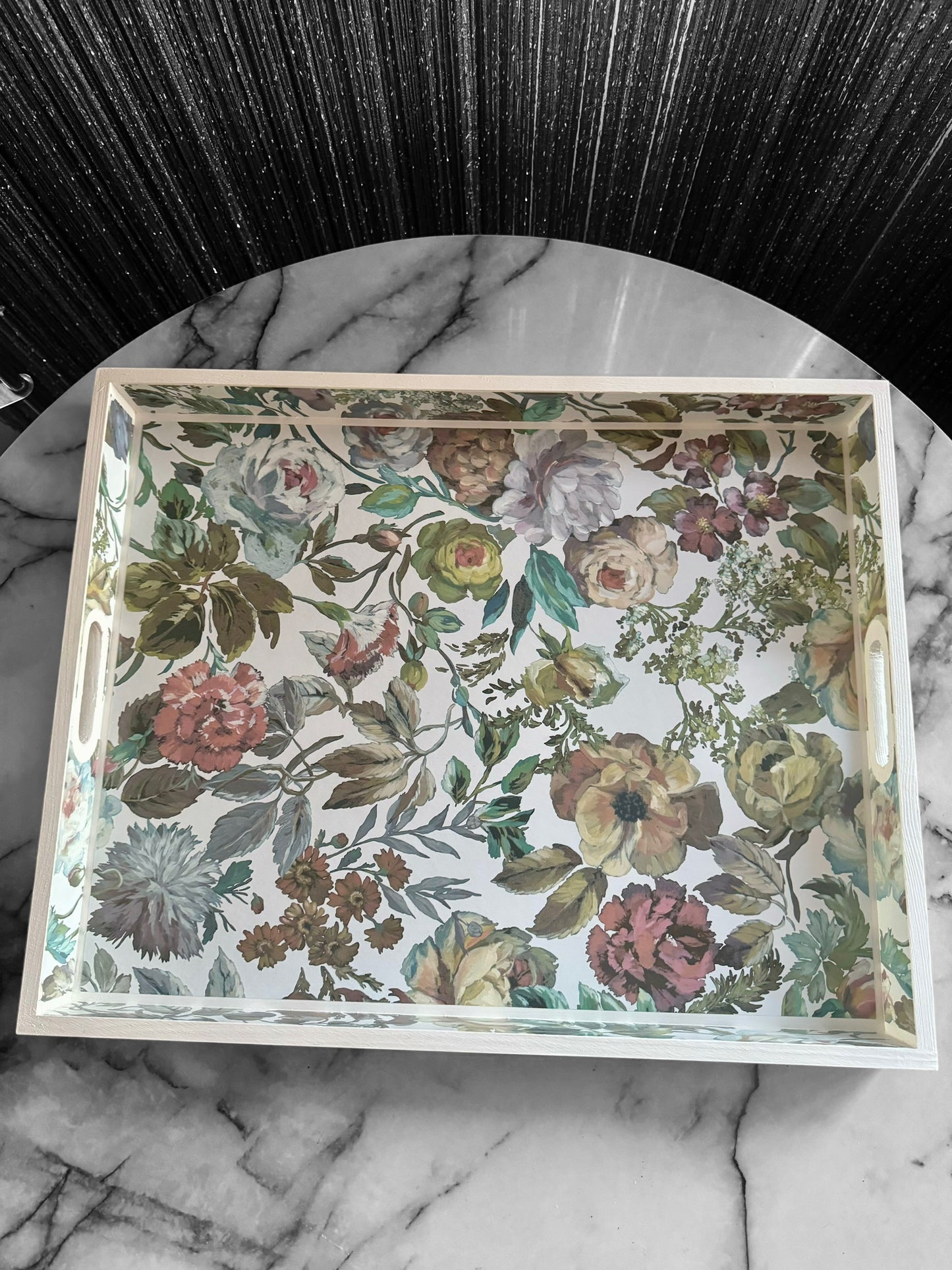 Designers Guild Mansur white floral tray,xl tray,ottoman tray,footstool tray,decoupage tray.Handmade in 5 X SIZES mothers day gift