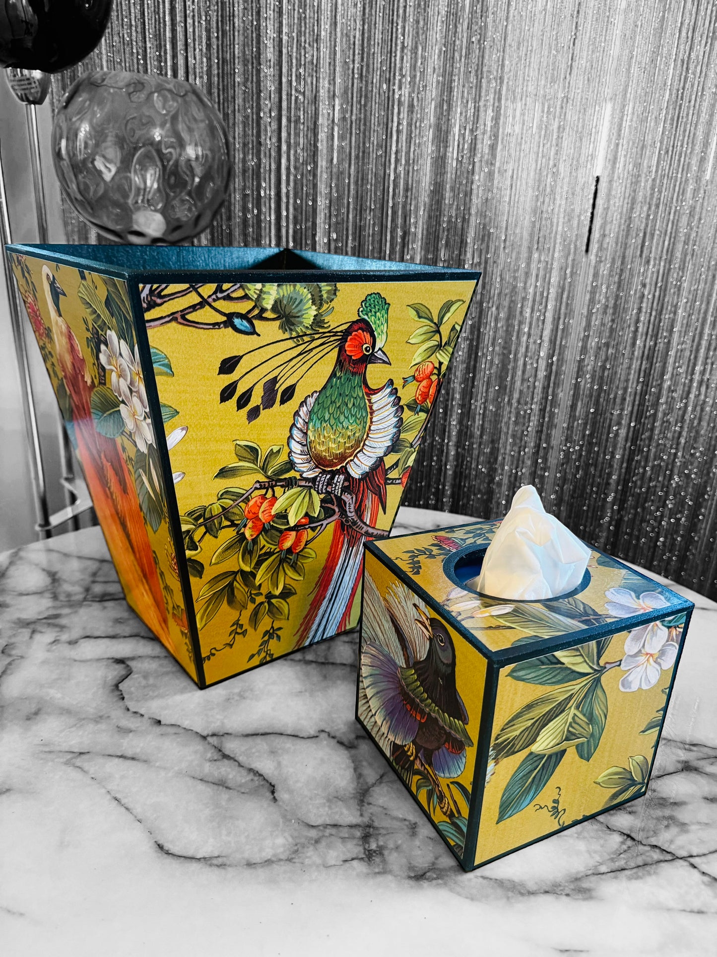 Greenwich - Matching set - Waste paper bin and square or rectangle tissue box cover - Decoupage in Songbird oriental in gold colourway