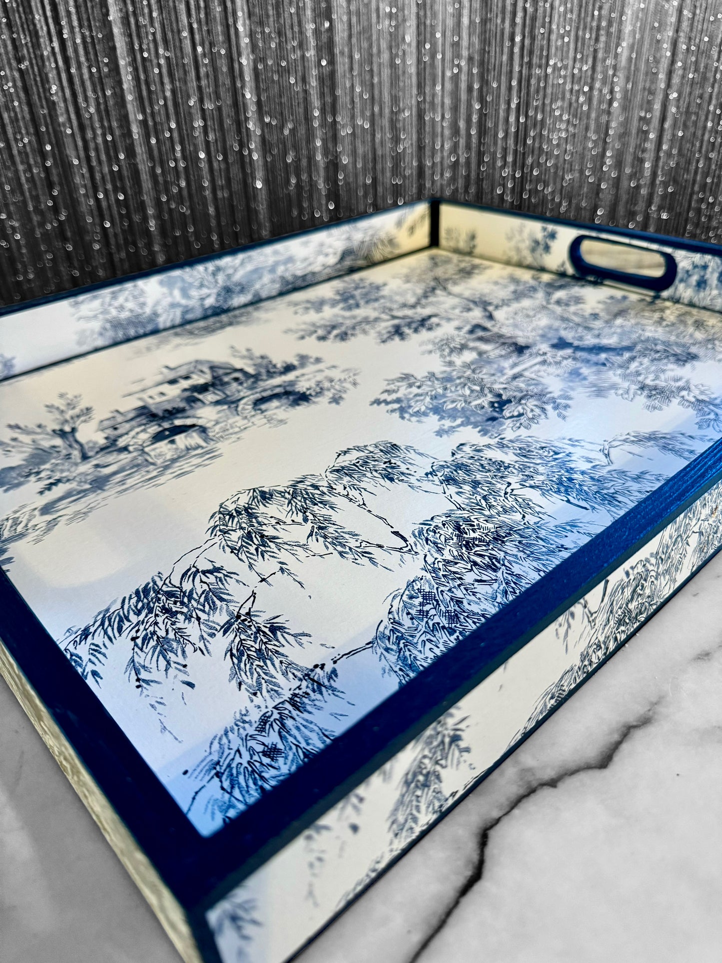 Paris - Ottoman tray available in 4 x sizes - Decoupage in Navy Toile de Jouy in navy colourway