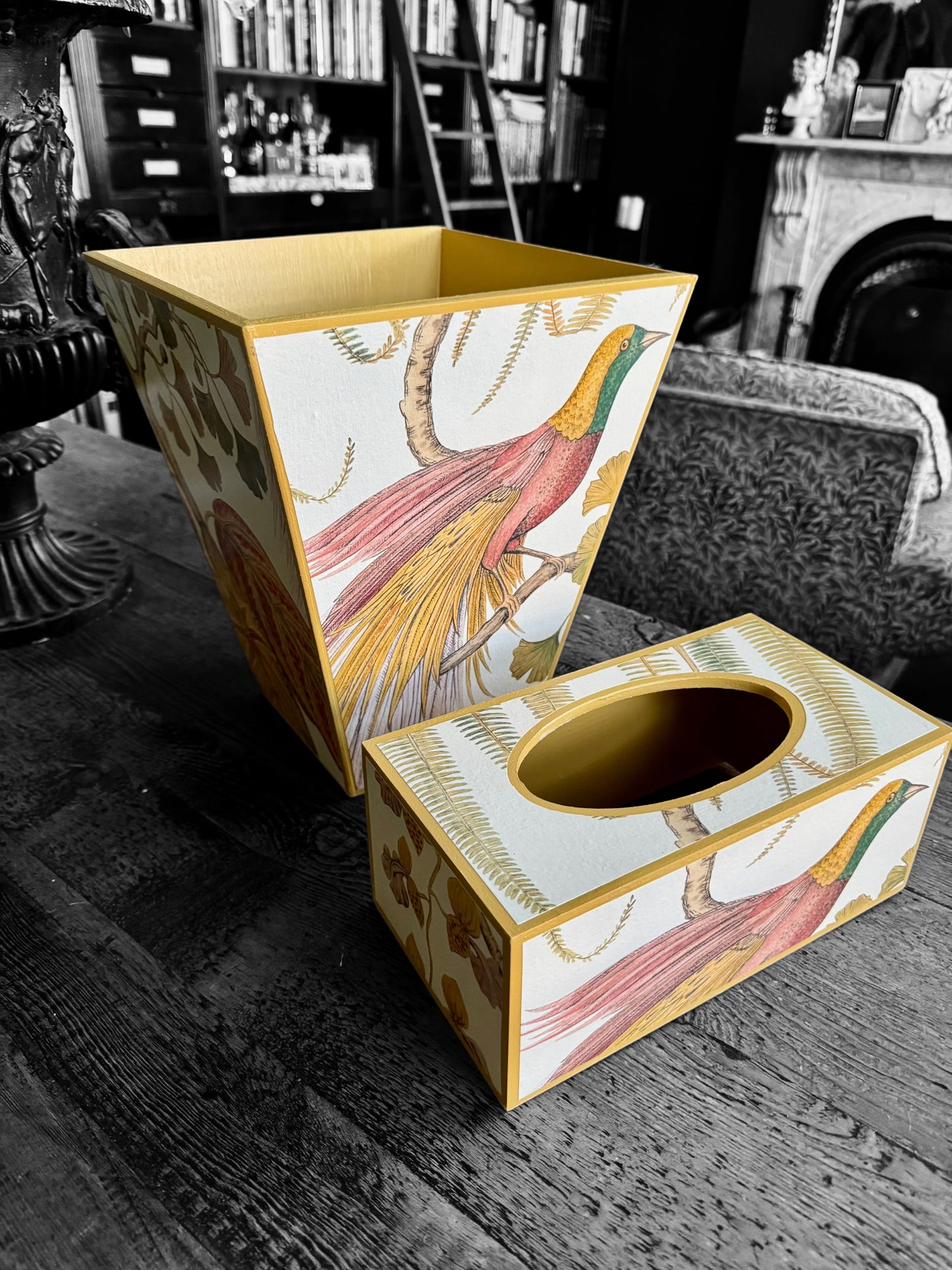 Kew *Spring 25 edition* Waste paper bin & matching tissue box cover - Decoupage in Bird of Paradise by Sanderson in Olive colourway