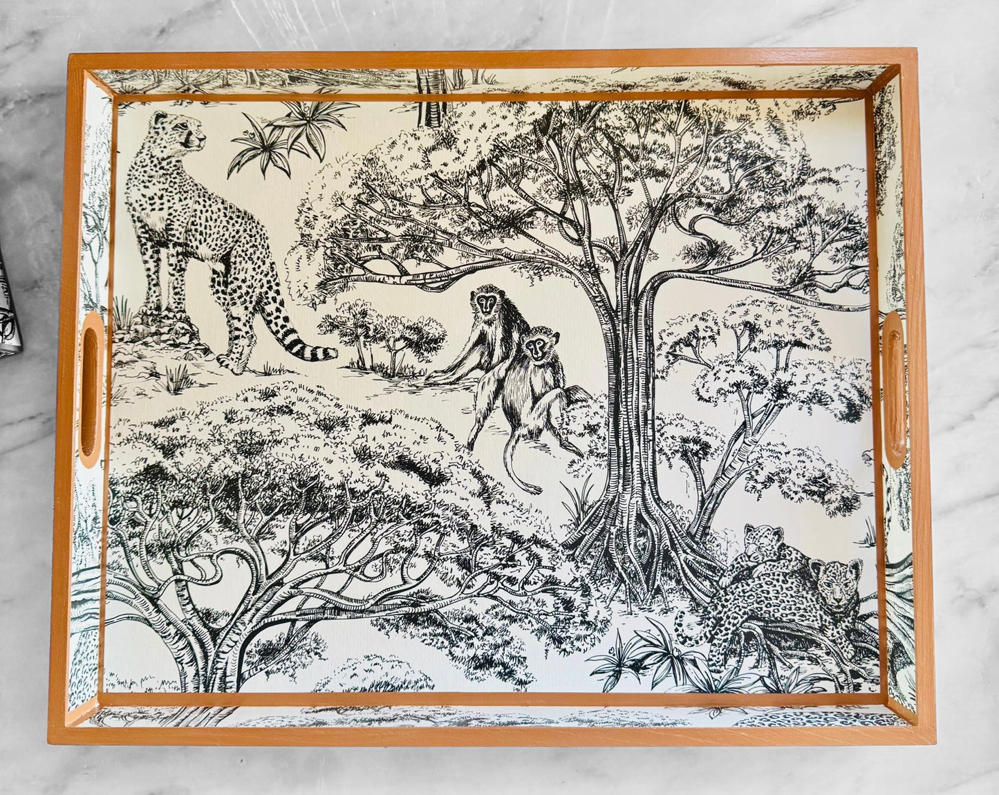 Cape Town - Ottoman tray available in 4 x sizes - Decoupage in Clarke & Clarke Kisumu in black/white colour way