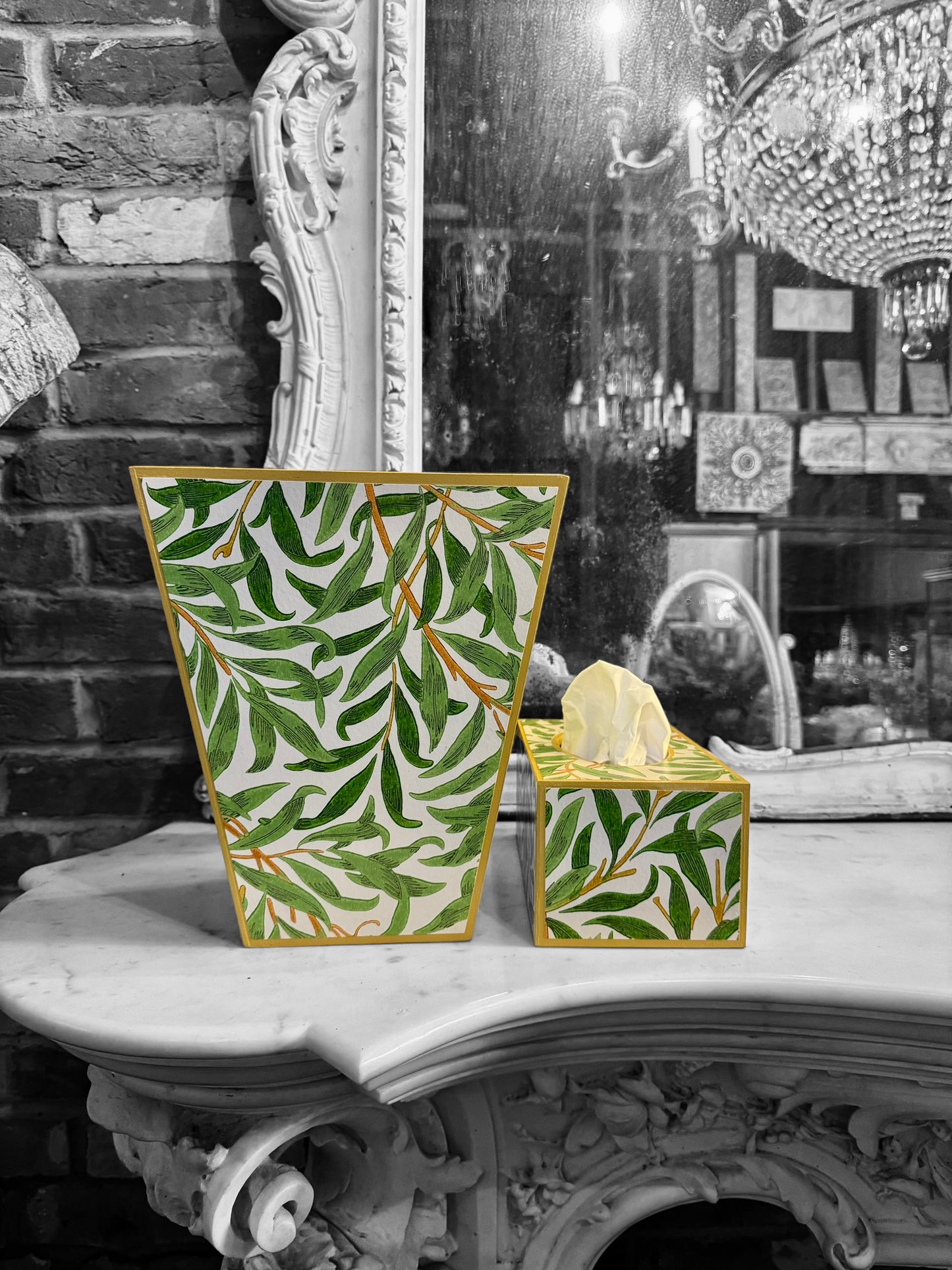 Broadstairs - Matching set - Waste paper bin and square or rectangle tissue box cover - Decoupage in William morris Willow Boughs by Morris & co in spring colourway