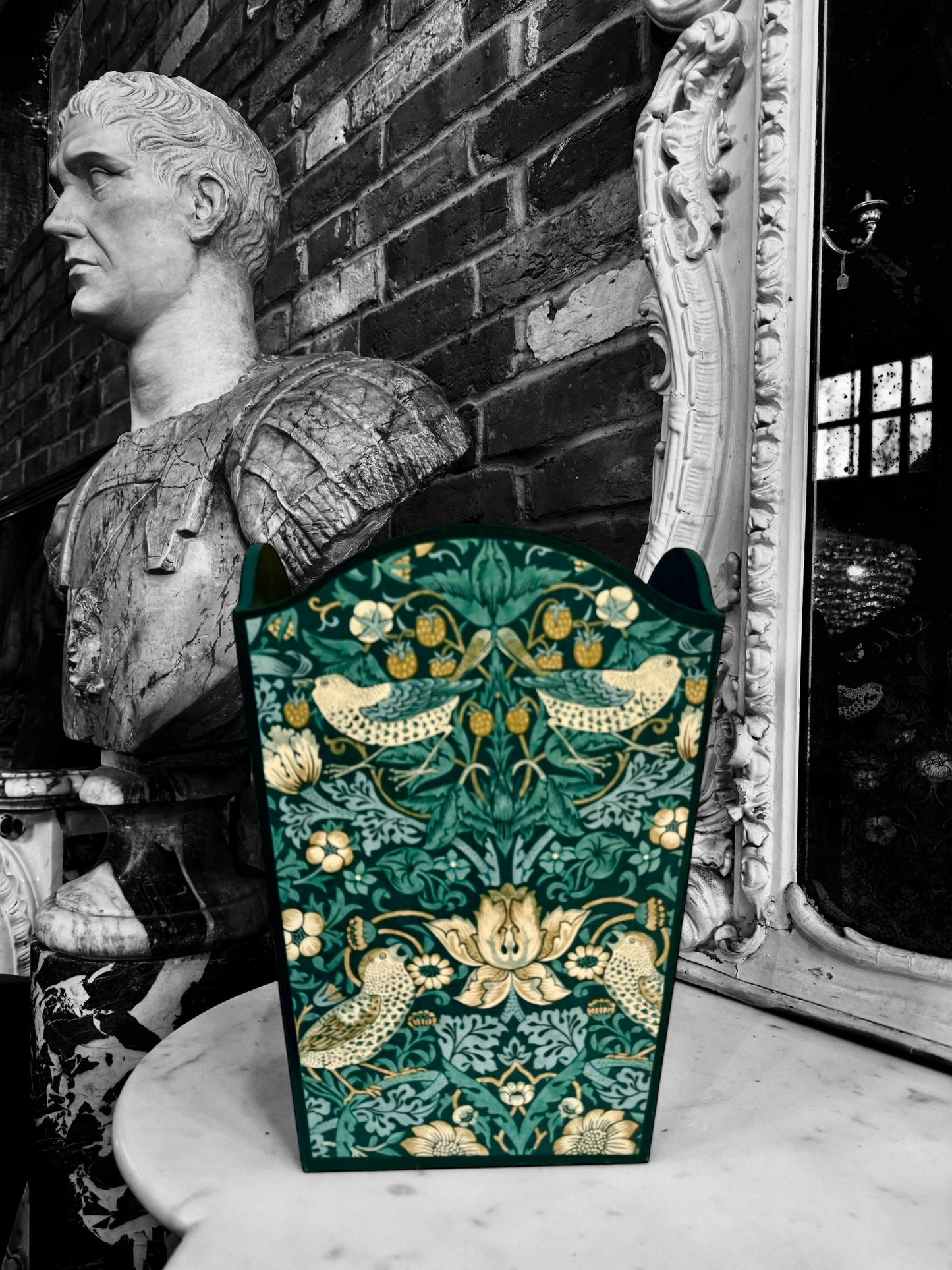Kelmscott - Matching set - Waste paper bin and square or tissue box cover - Decoupage in William Morris Strawberry Thief by Clarke & Clarke in Teal colourway