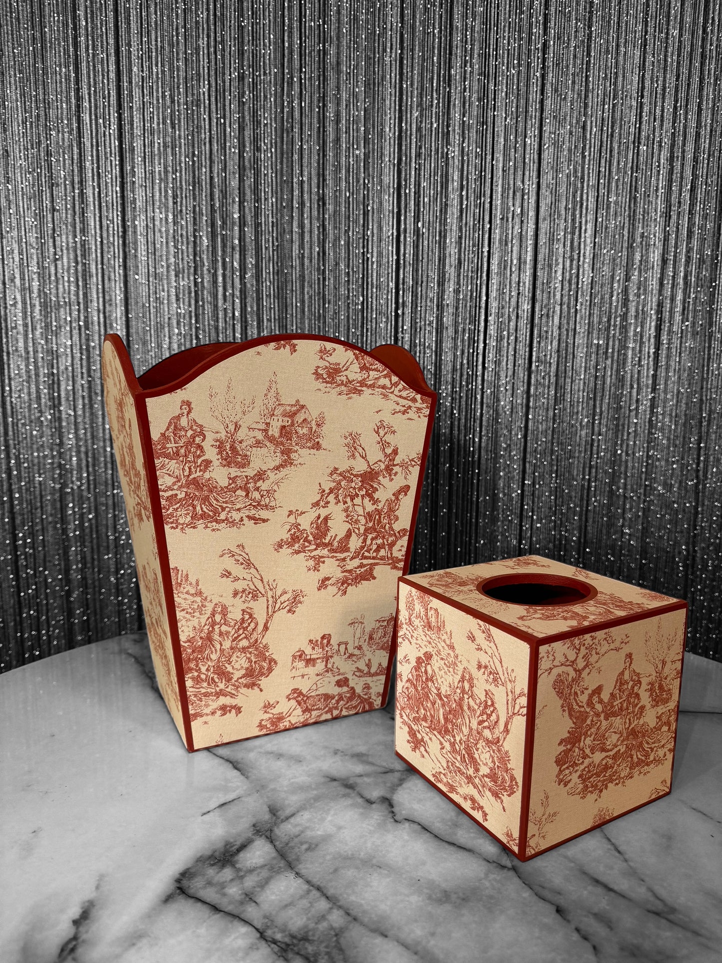 Red Toile de Jouy Waste paper bin, waste paper basket, square tissue box cover matching set. Handmade by Beatrice Bloom London