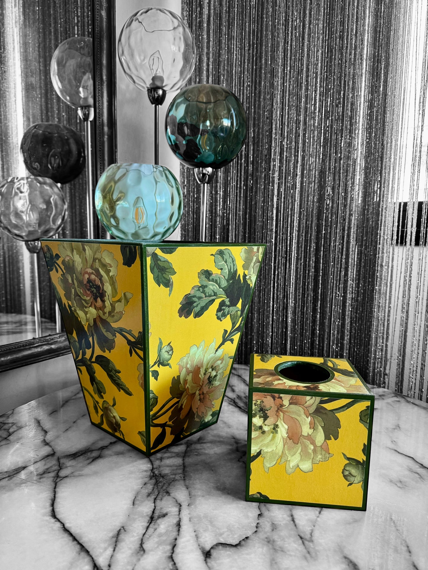 Notting Hill - Matching set - Waste paper bin & square or rectangle tissue box cover - Decoupage in Peoneden by House of Hackney in ochre colourway
