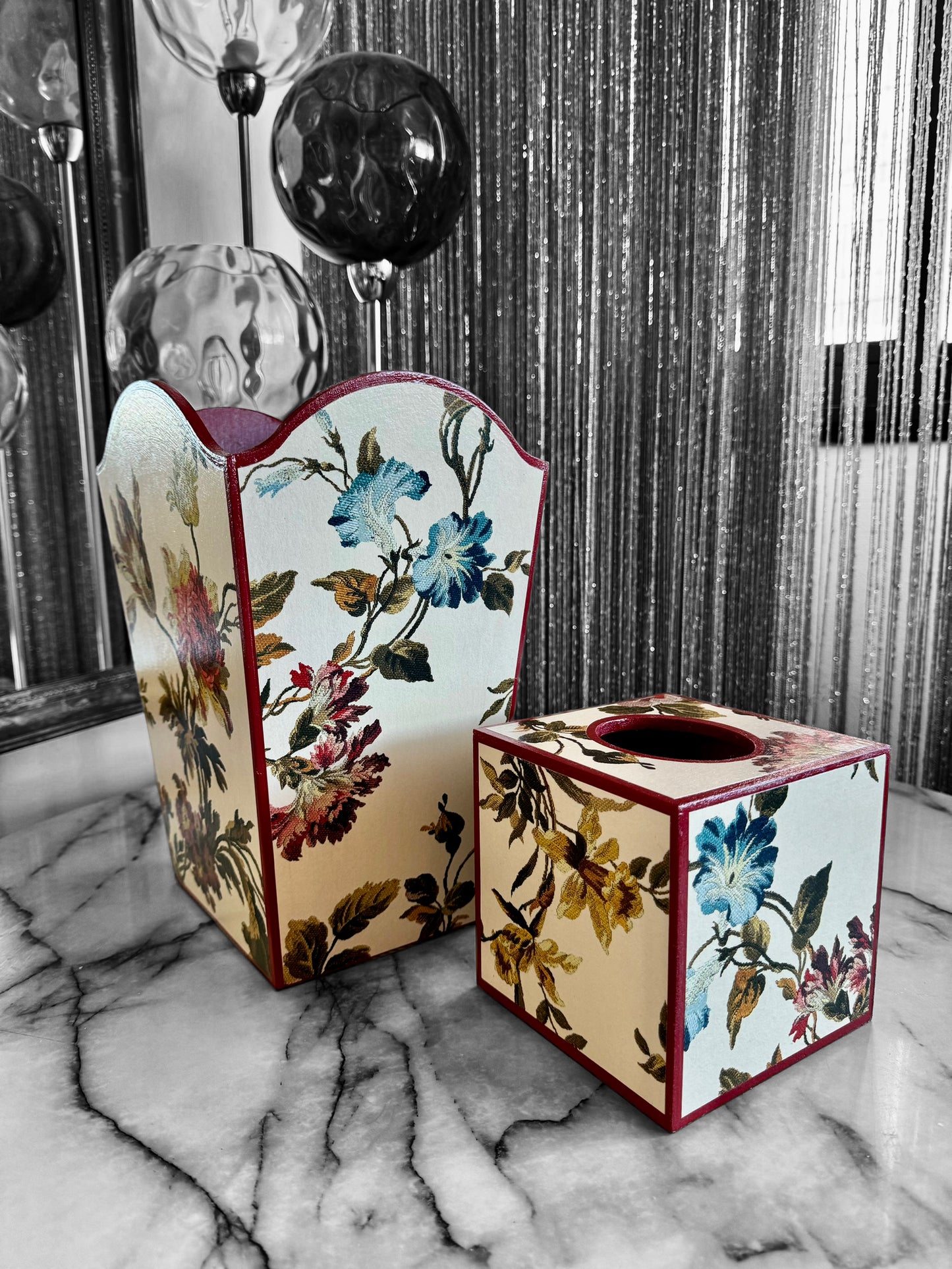 Eaton - Matching set - Waste paper bin and square or rectangle tissue box cover - Decoupage in Rosetta by House of Hackney Waste in ecru colourway