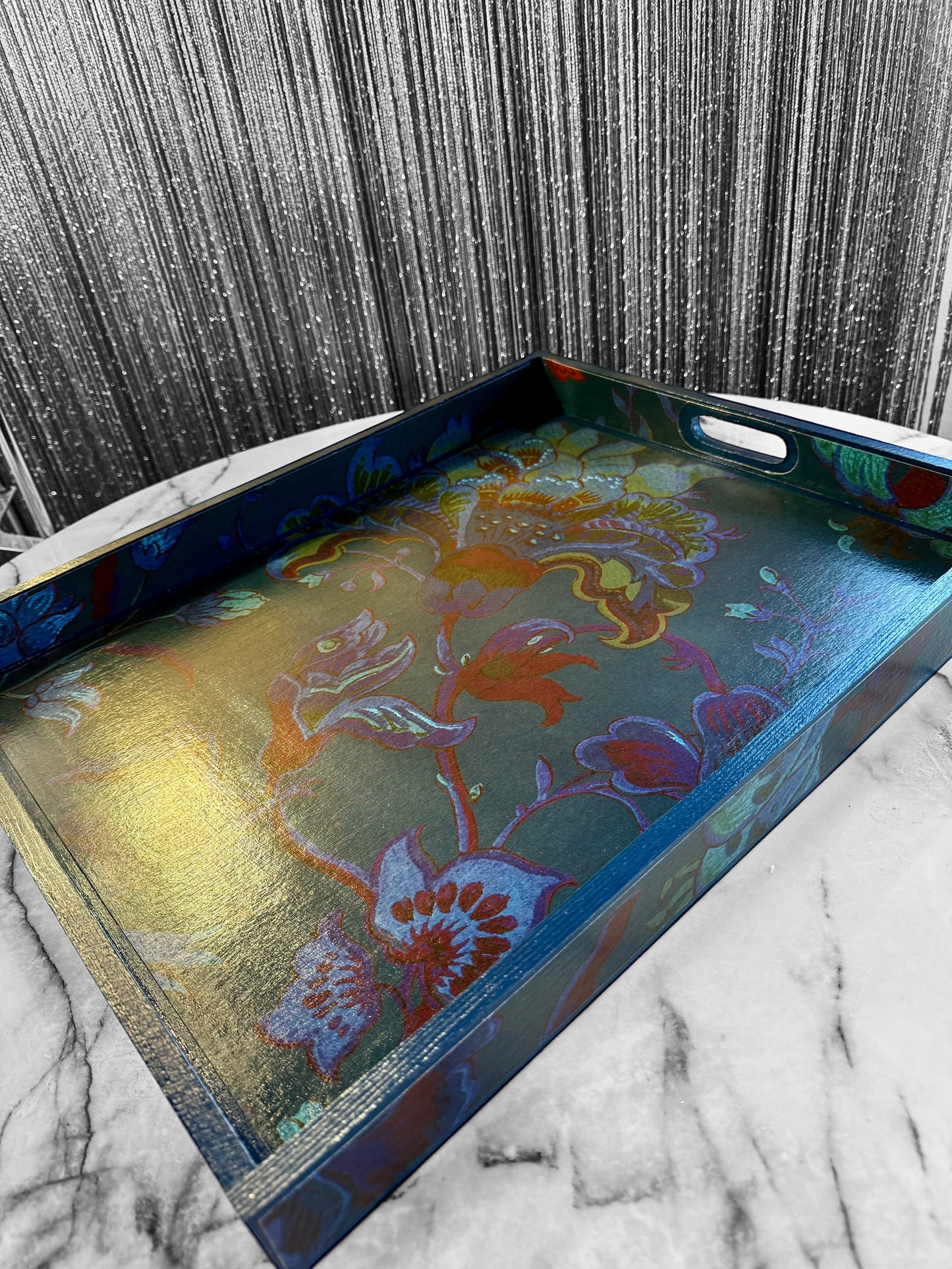 Dover - Ottoman tray available in 4 x sizes - decoupage in Majorelle by House of Hackney in petrol colourway