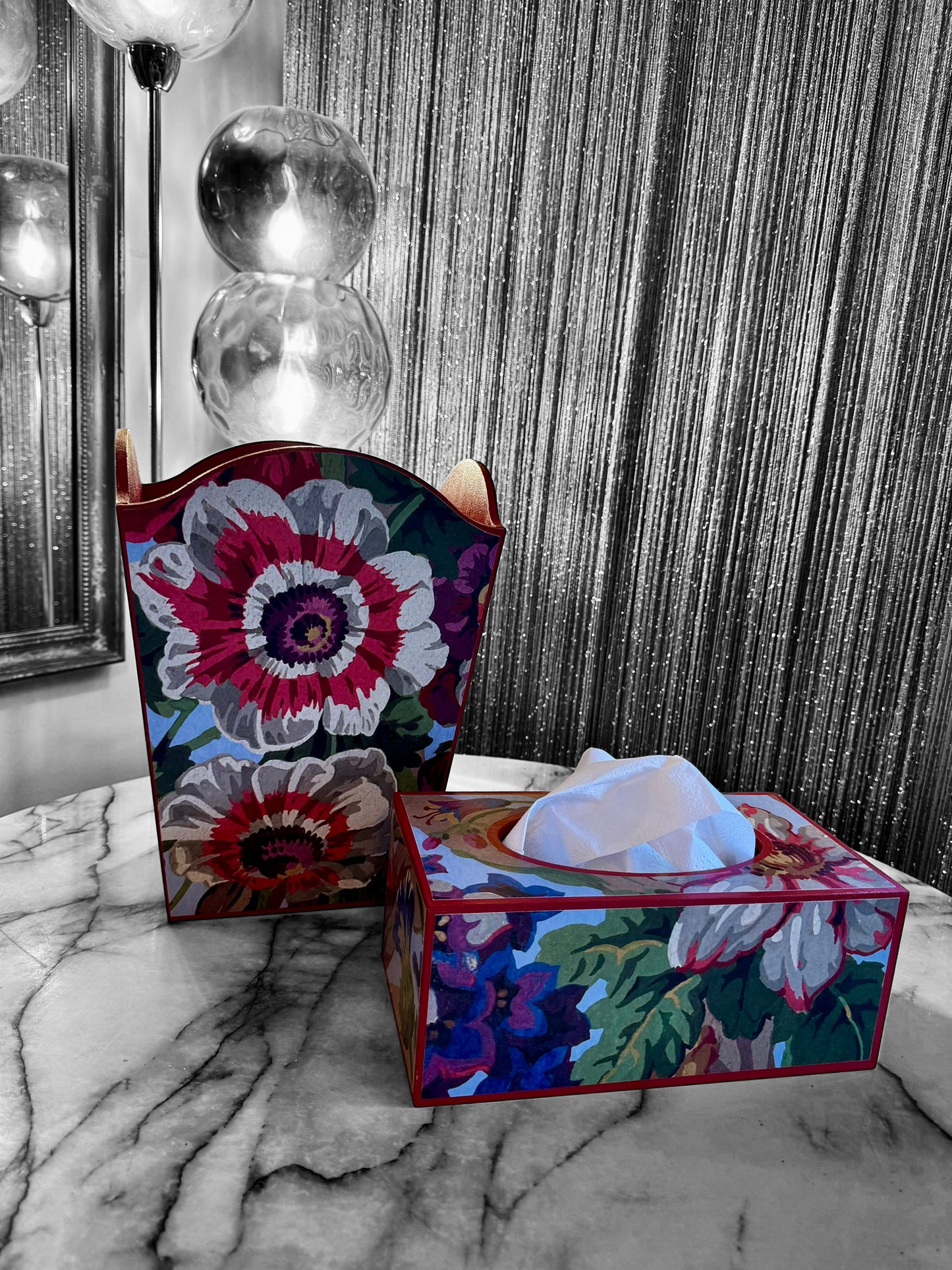 Brighton - Matching set - Waste paper bin and square or round tissue box cover - Decoupage in Florescence by House of Hackney in Azure colourway