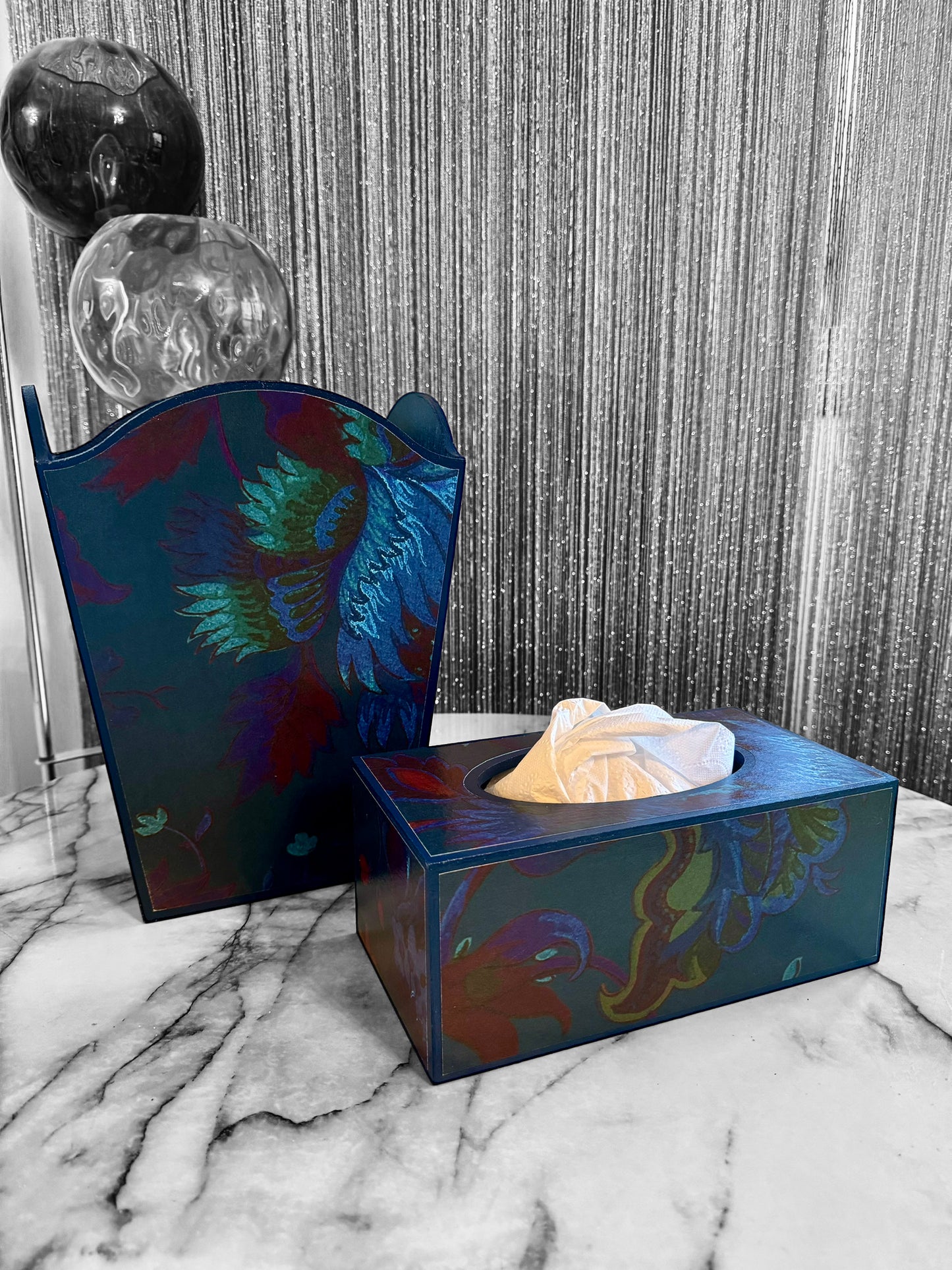 Dover - Matching set option for square or rectangle tissue box cover - Decoupage in Majorelle by House of Hackney in petrol colourway