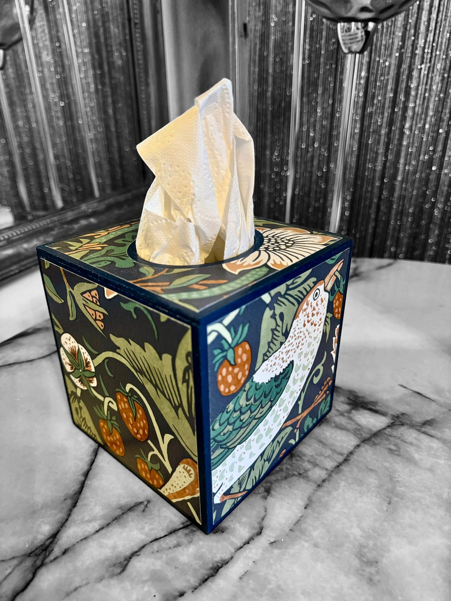 Weybridge - Matching set - option for square or rectangle tissue box cover Decoupage in William Morris Strawberry Thief in navy and green colourway