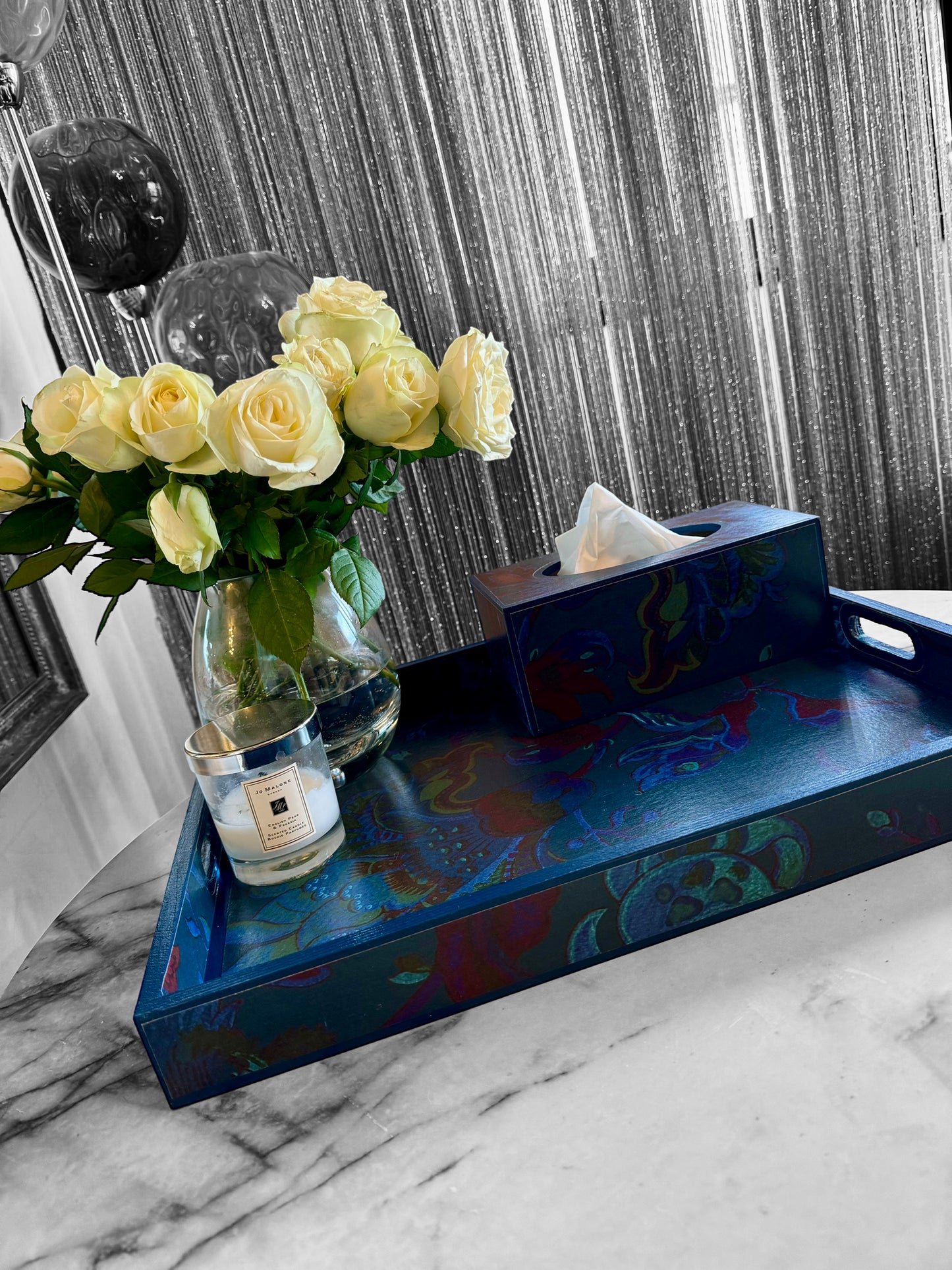 Dover - Ottoman tray available in 4 x sizes - decoupage in Majorelle by House of Hackney in petrol colourway