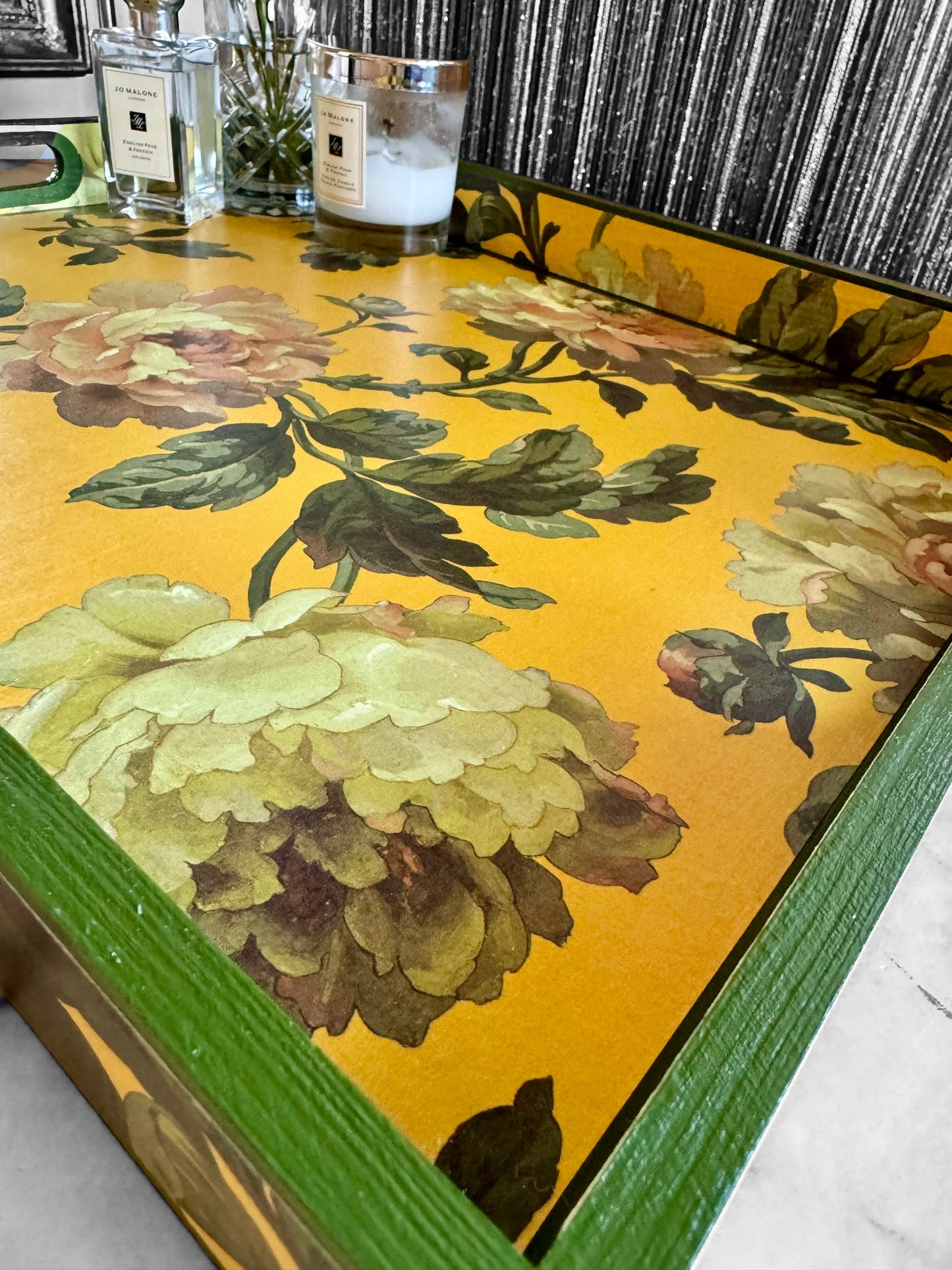Notting Hill - Ottoman tray available in 4 x sizes - Decoupage in Peonded by House of Hackney in ochre colourway