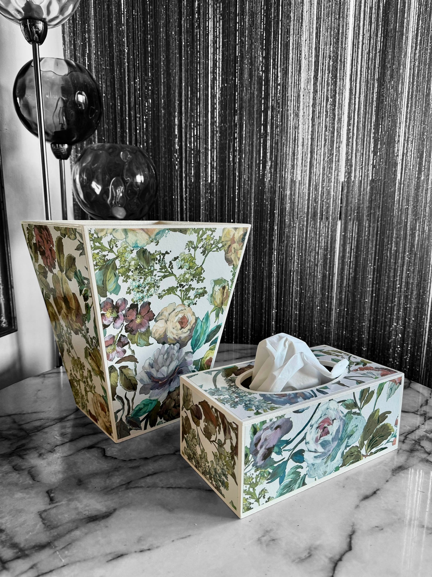 Hove - Matching set - Waste paper bin and square or rectangle tissue box cover - Decoupage in Designers Guild Mansur zinc colour way