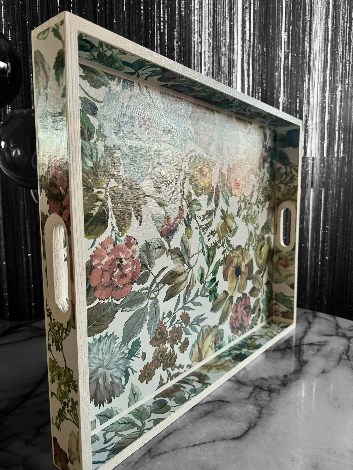 Designers Guild Mansur white floral tray,xl tray,ottoman tray,footstool tray,decoupage tray.Handmade in 5 X SIZES mothers day gift