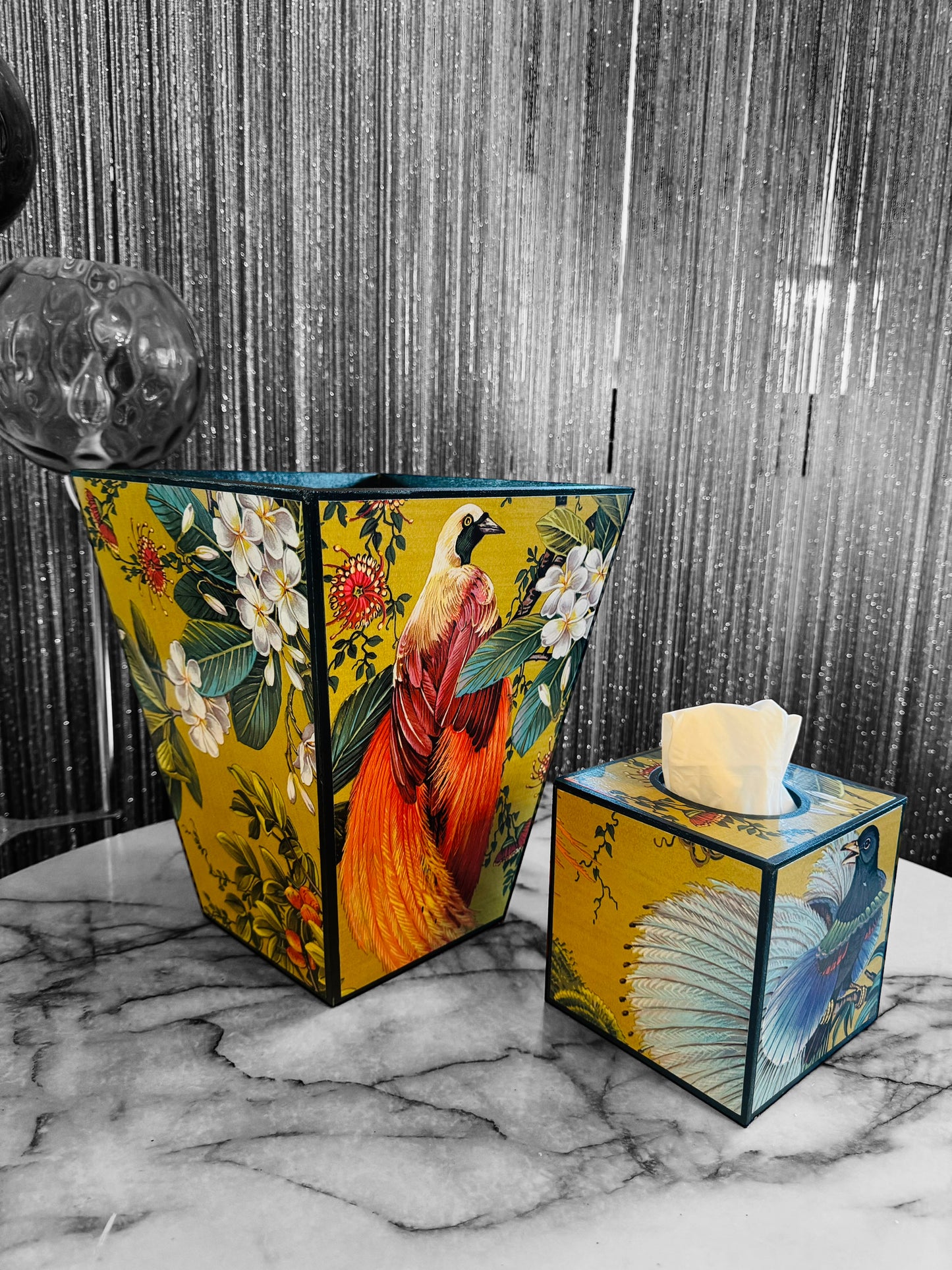 Greenwich - Matching set - Waste paper bin and square or rectangle tissue box cover - Decoupage in Songbird oriental in gold colourway