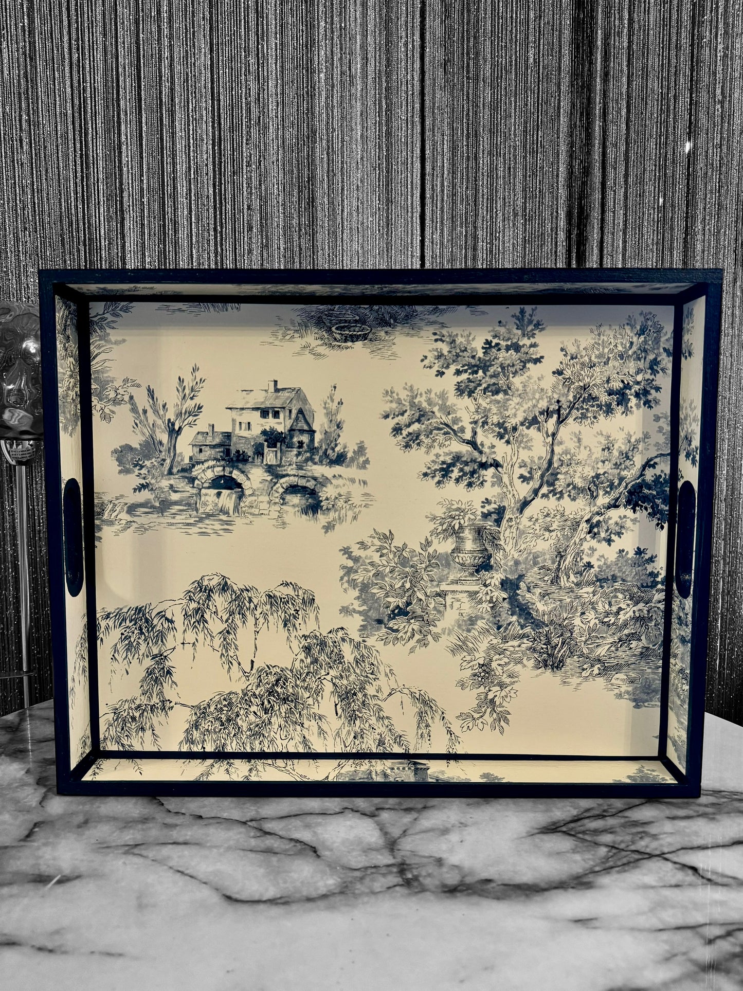 Paris - Ottoman tray available in 4 x sizes - Decoupage in Navy Toile de Jouy in navy colourway