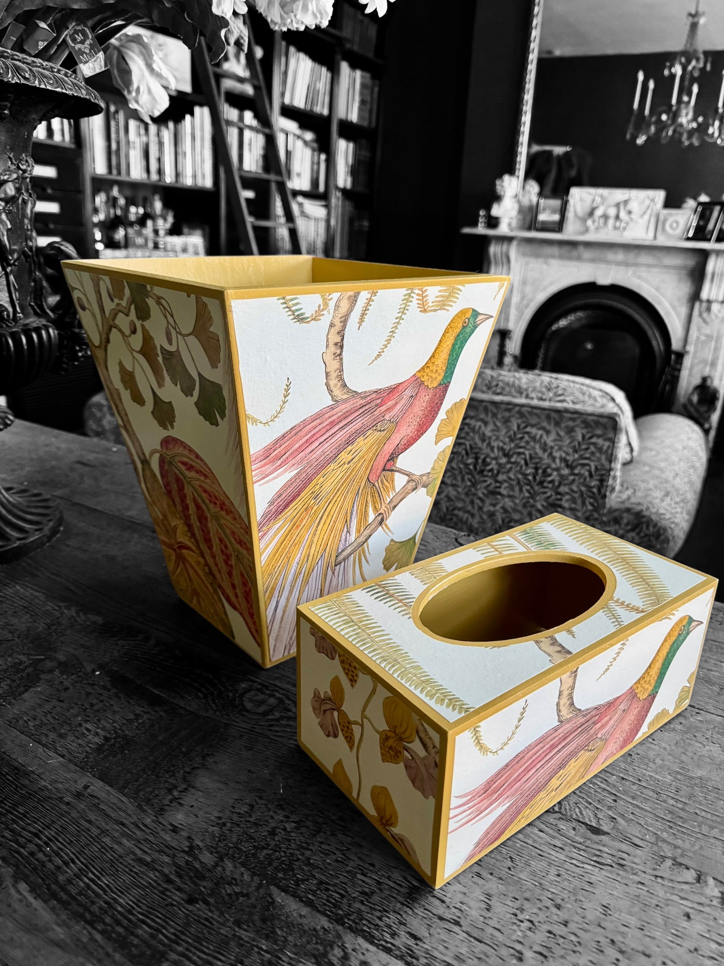 Kew *Spring 25 edition* Waste paper bin & matching tissue box cover - Decoupage in Bird of Paradise by Sanderson in Olive colourway