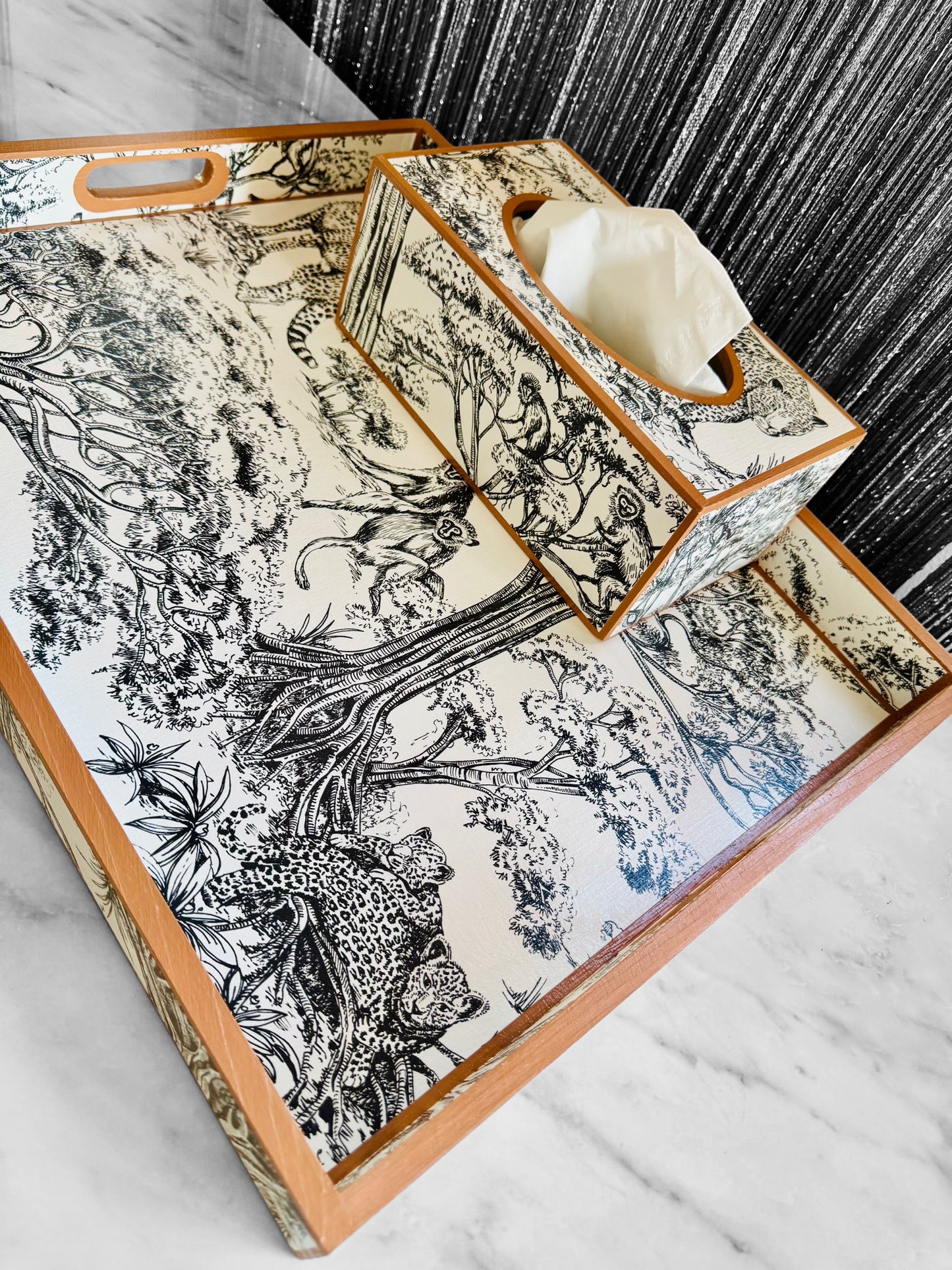 Cape Town - Ottoman tray available in 4 x sizes - Decoupage in Clarke & Clarke Kisumu in black/white colour way