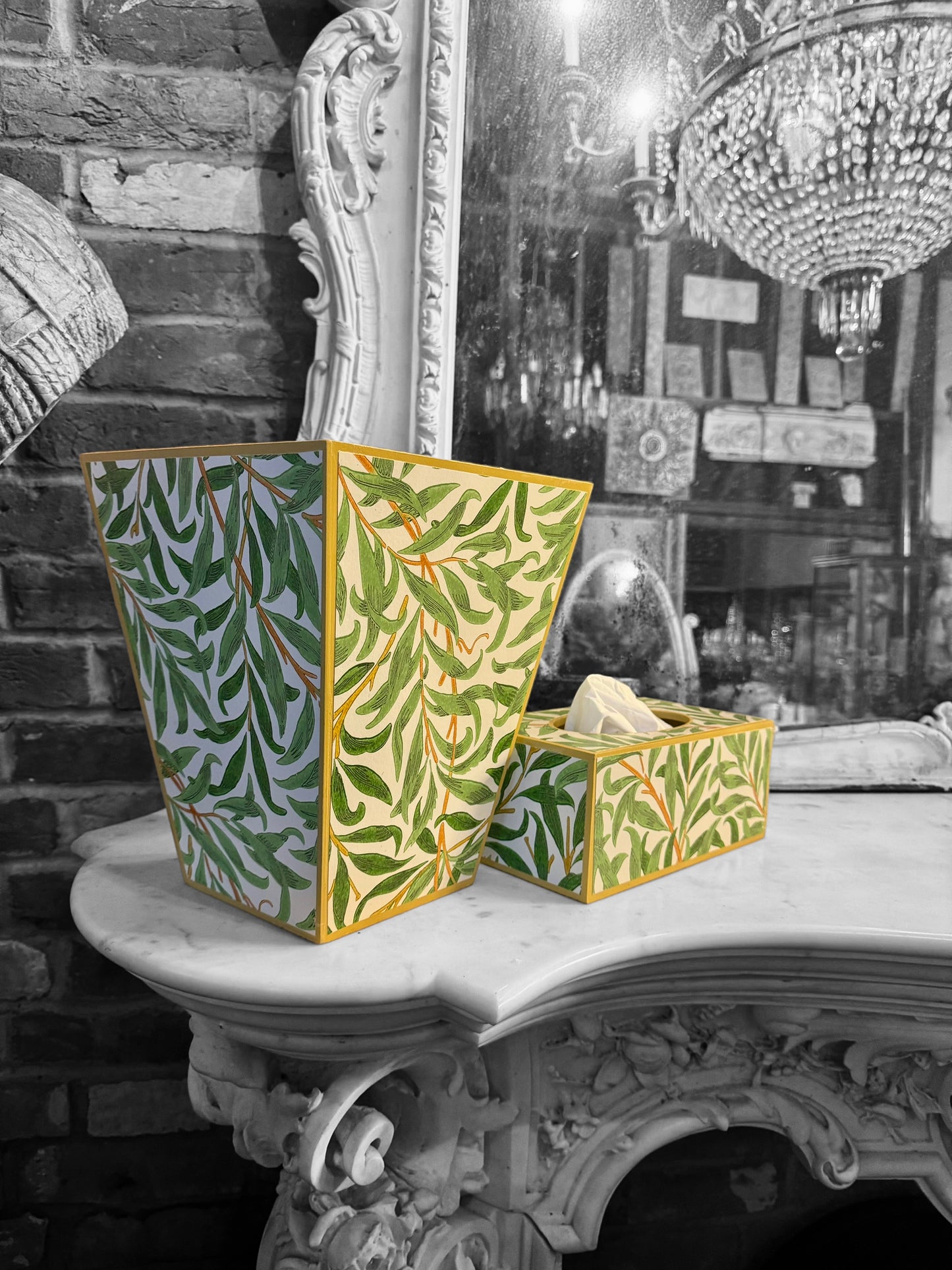 Broadstairs - Matching set - Waste paper bin and square or rectangle tissue box cover - Decoupage in William morris Willow Boughs by Morris & co in spring colourway