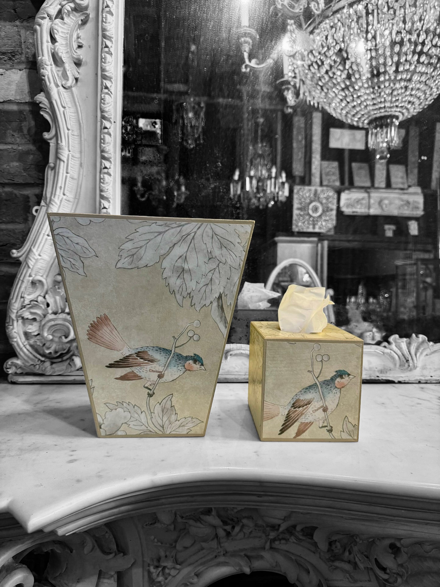 Chiswick - Matching set - Waste paper bin and square or rectangle tissue box cover - Decoupage in Chiswick Grove by sanderson in gold colourway