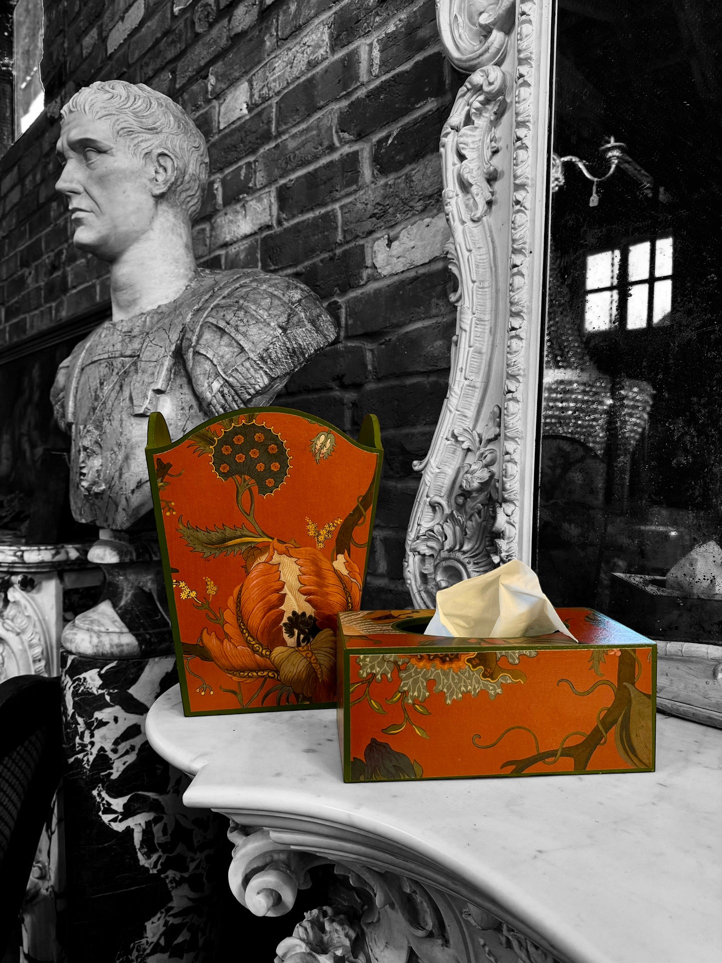 Shoreditch - Matching set - Waste paper bin & square or rectangle tissue box cover - Decoupage in Artemis by House of Hackney in Sienna colourway