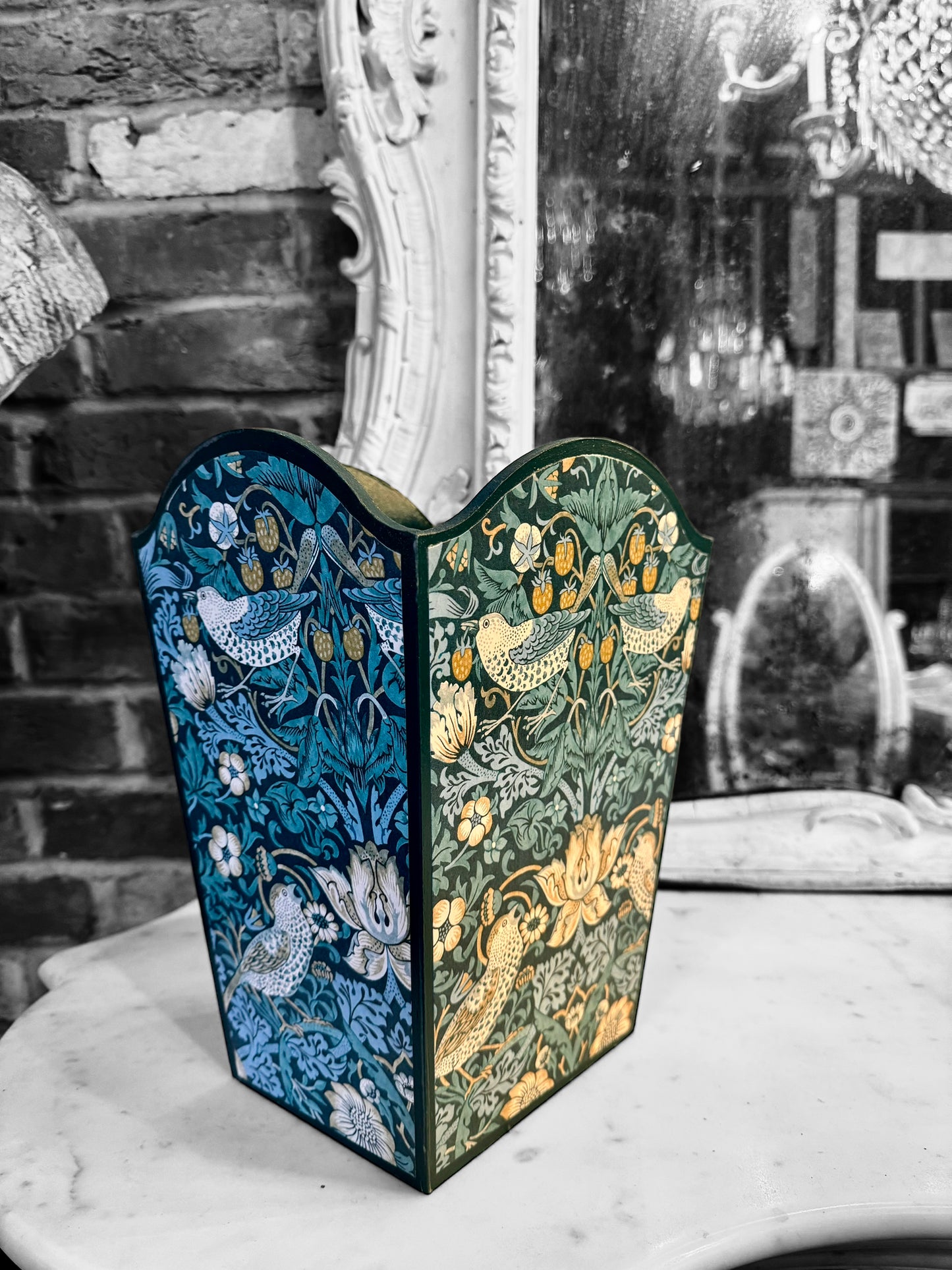 Kelmscott - Matching set - Waste paper bin and square or tissue box cover - Decoupage in William Morris Strawberry Thief by Clarke & Clarke in Teal colourway