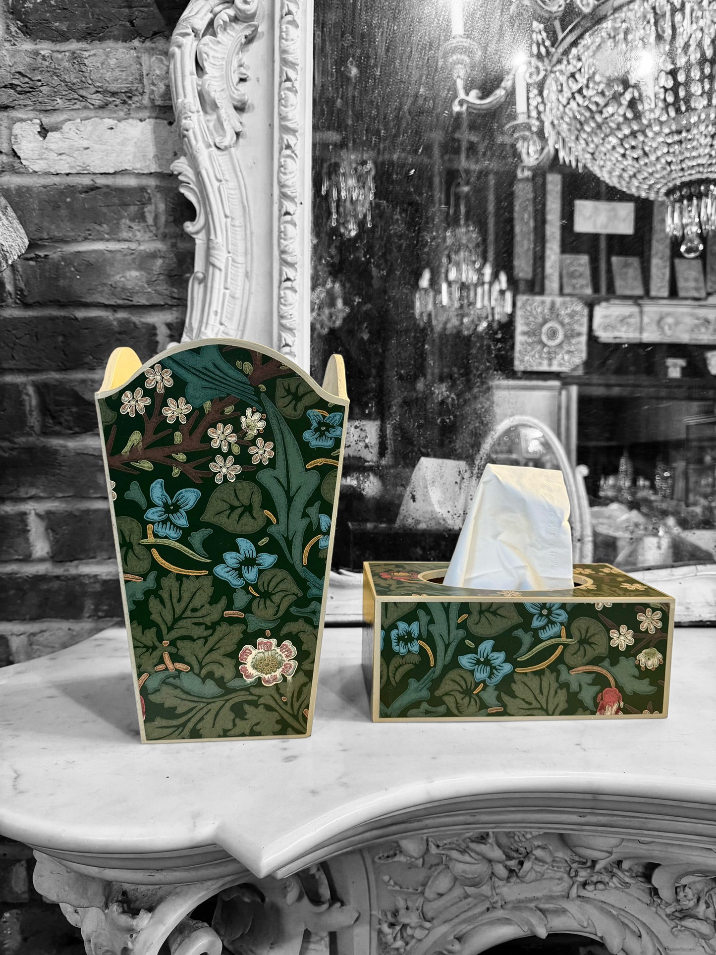 Marylebone - Matching set - Waste paper bin & square or rectangle tissue box cover - Decoupage in William Morris Blackthorn By Morris & Co in archive colourway