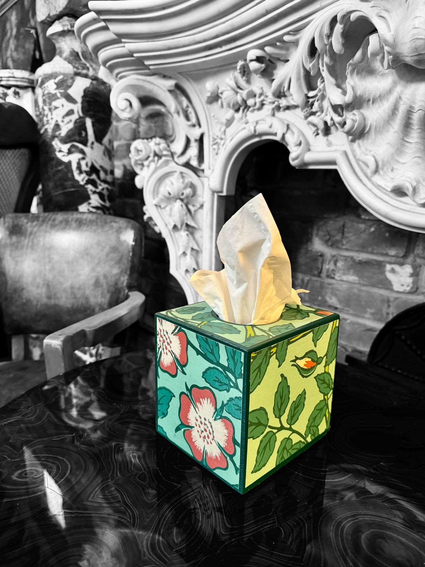 Featured in BRITISH VOGUE Norfolk waste paper bin & square tissue box cover aqua, teal,green,pink. Handmade by Beatrice Bloom London