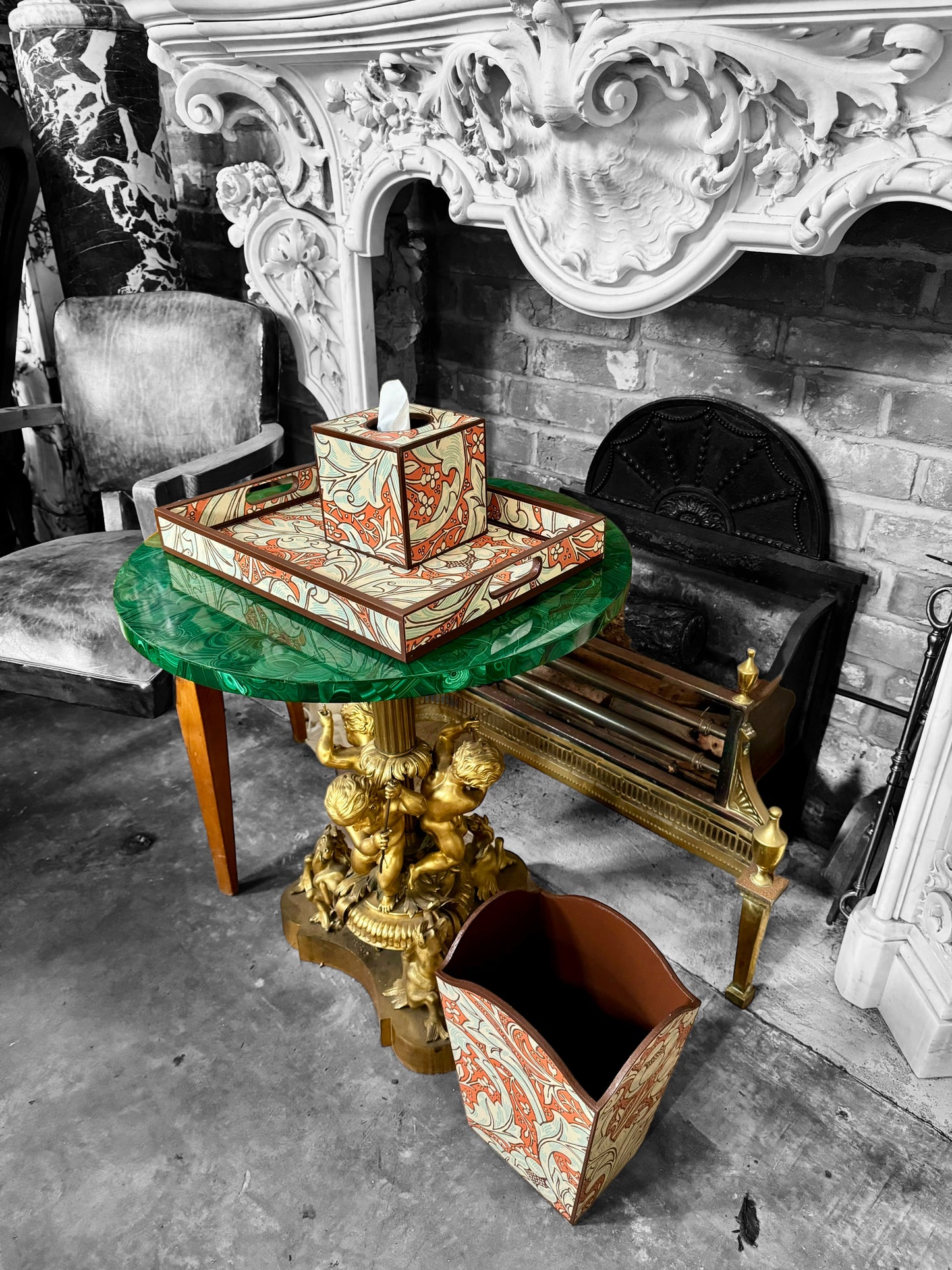 Clerkenwell - Ottoman tray available in 4 x sizes - Decoupage in William Morris Batchelor's Button by Morris & Co in Orange/Sky colourway