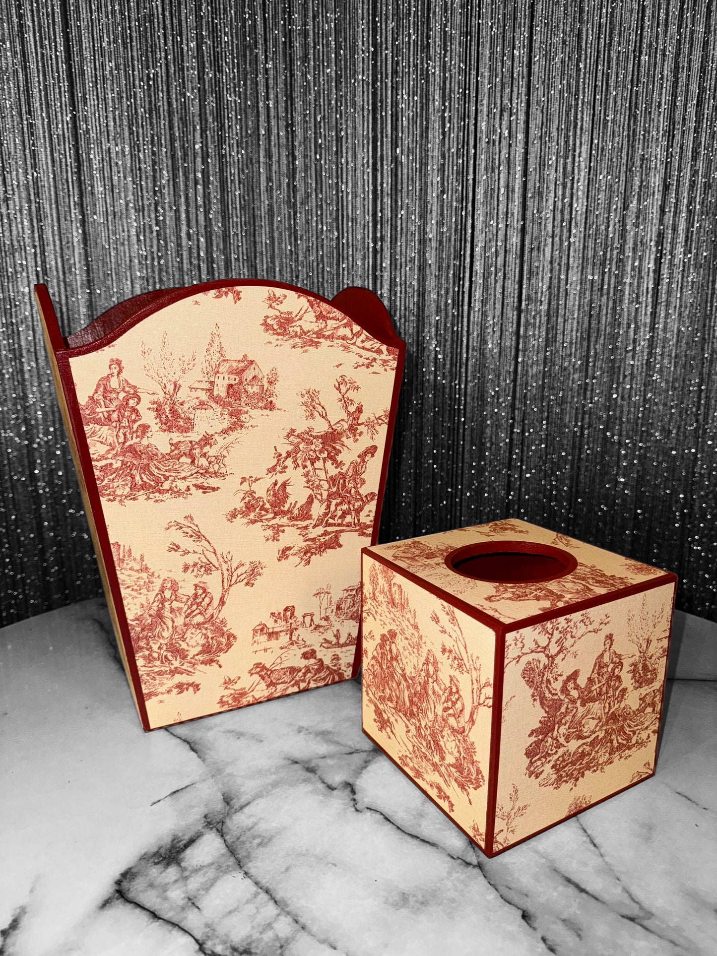 Red Toile de Jouy Waste paper bin, waste paper basket, square tissue box cover matching set. Handmade by Beatrice Bloom London