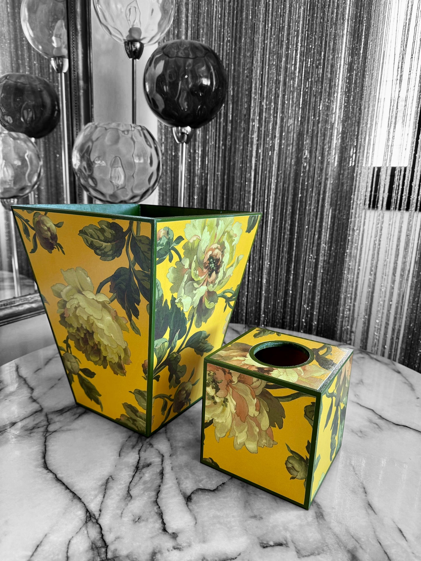 Notting Hill - Matching set - Waste paper bin & square or rectangle tissue box cover - Decoupage in Peoneden by House of Hackney in ochre colourway