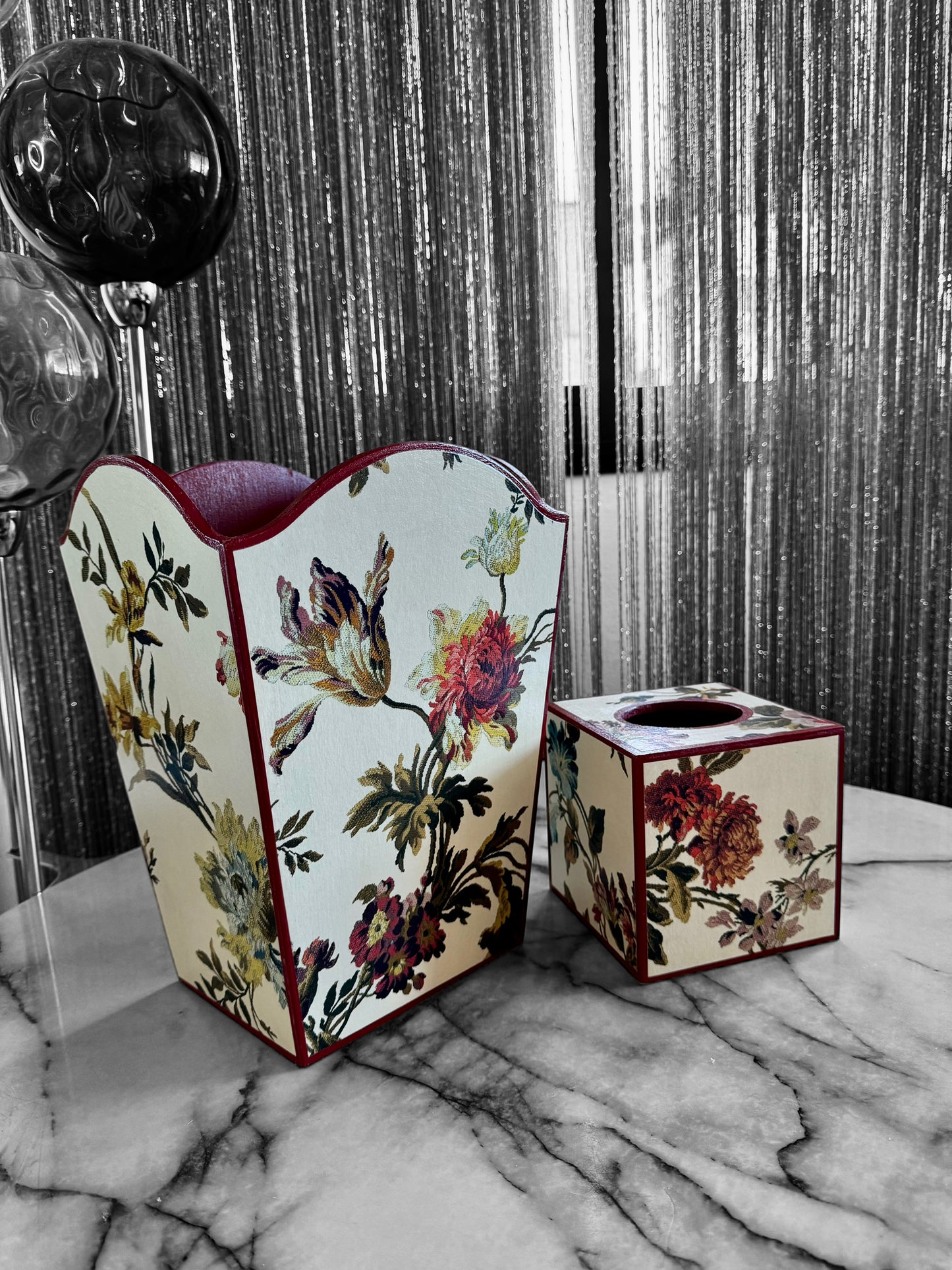 Eaton - Matching set - Waste paper bin and square or rectangle tissue box cover - Decoupage in Rosetta by House of Hackney Waste in ecru colourway