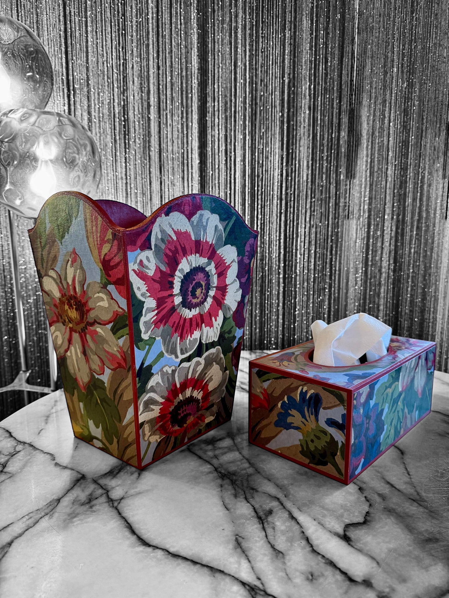 Brighton - Matching set - Waste paper bin and square or round tissue box cover - Decoupage in Florescence by House of Hackney in Azure colourway