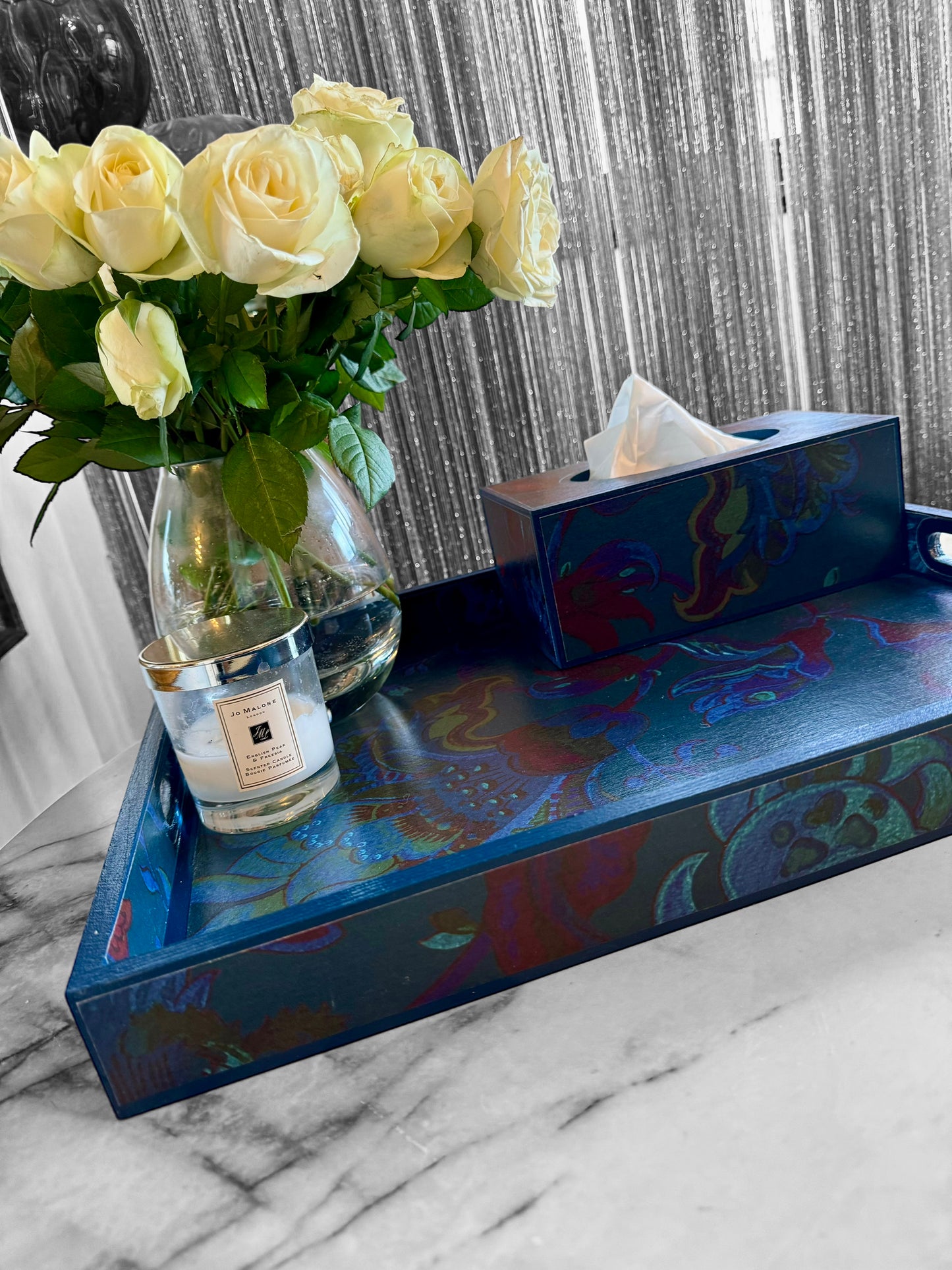 Dover - Ottoman tray available in 4 x sizes - decoupage in Majorelle by House of Hackney in petrol colourway