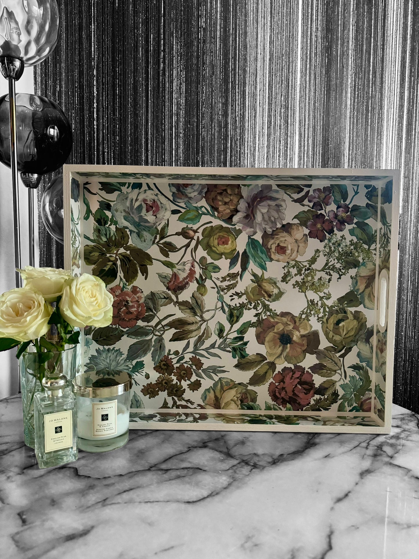 Designers Guild Mansur white floral tray,xl tray,ottoman tray,footstool tray,decoupage tray.Handmade in 5 X SIZES mothers day gift