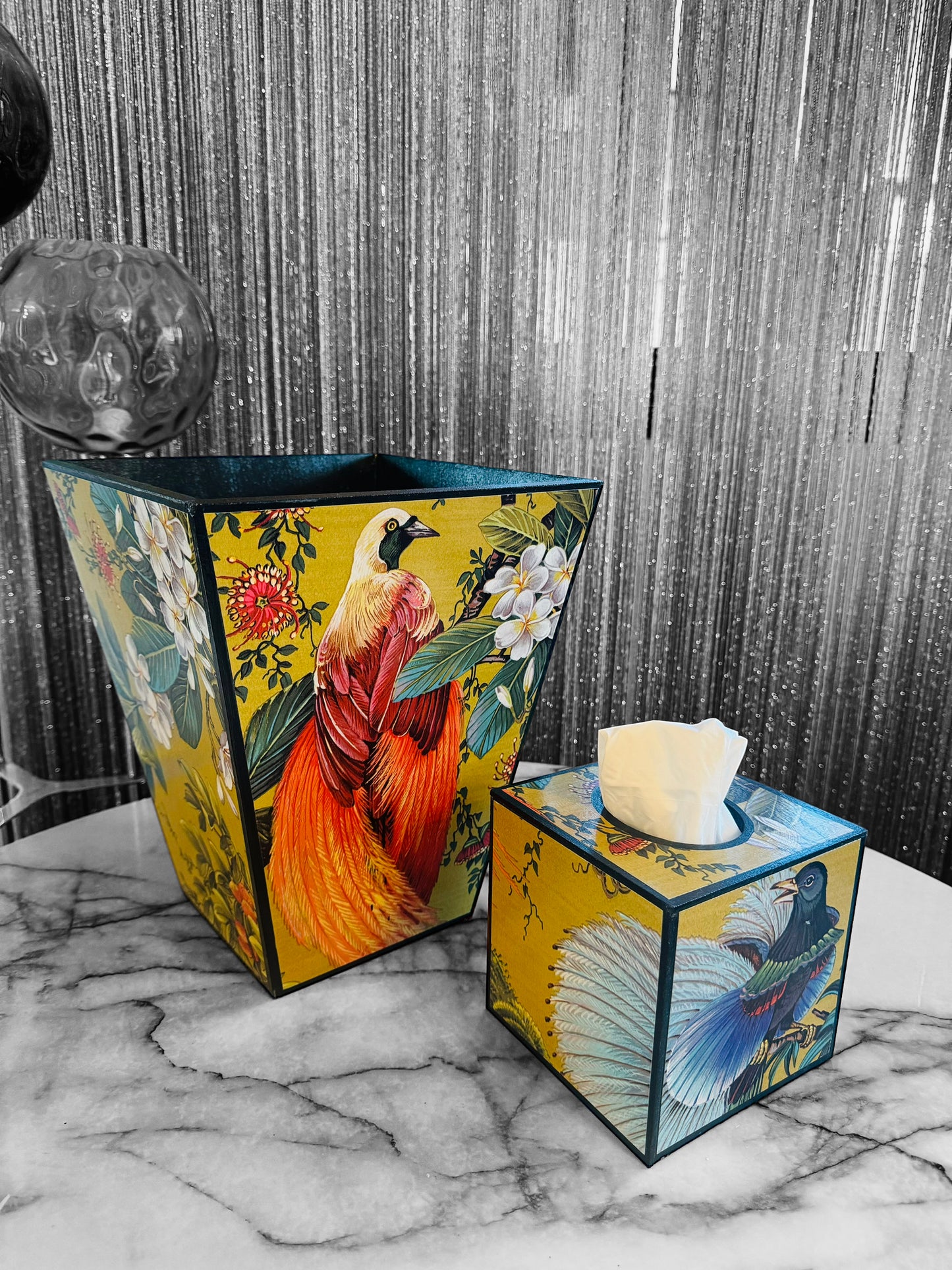 Greenwich - Matching set - Waste paper bin and square or rectangle tissue box cover - Decoupage in Songbird oriental in gold colourway