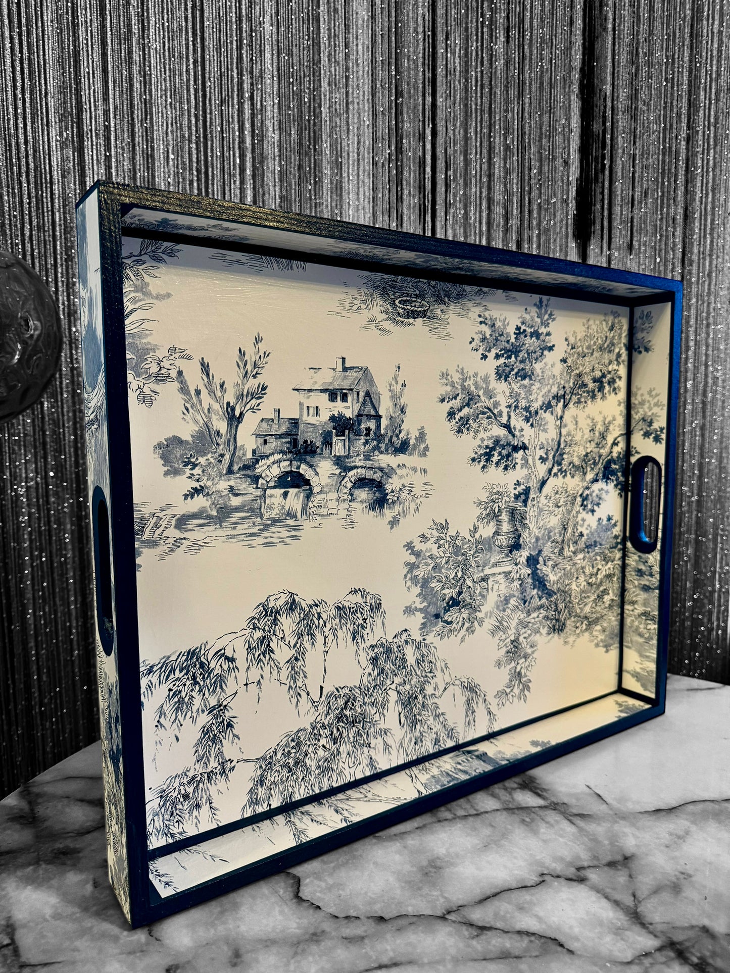 Paris - Ottoman tray available in 4 x sizes - Decoupage in Navy Toile de Jouy in navy colourway