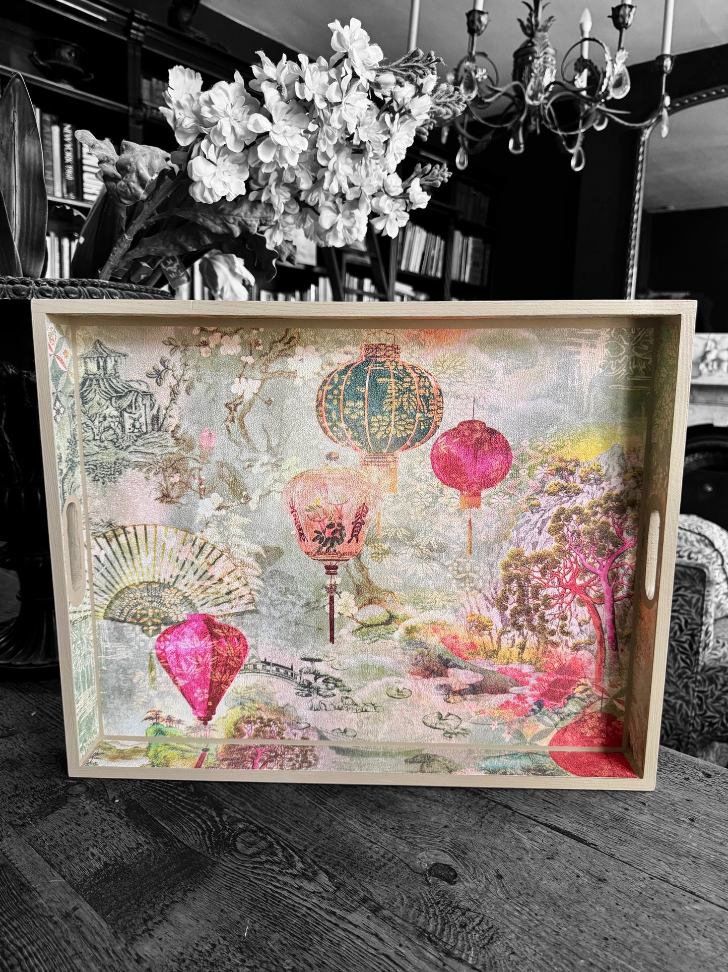 Tokyo - Ottoman tray available in 4 x sizes - Decoupage in intricate Japanese garden inspired textured paper