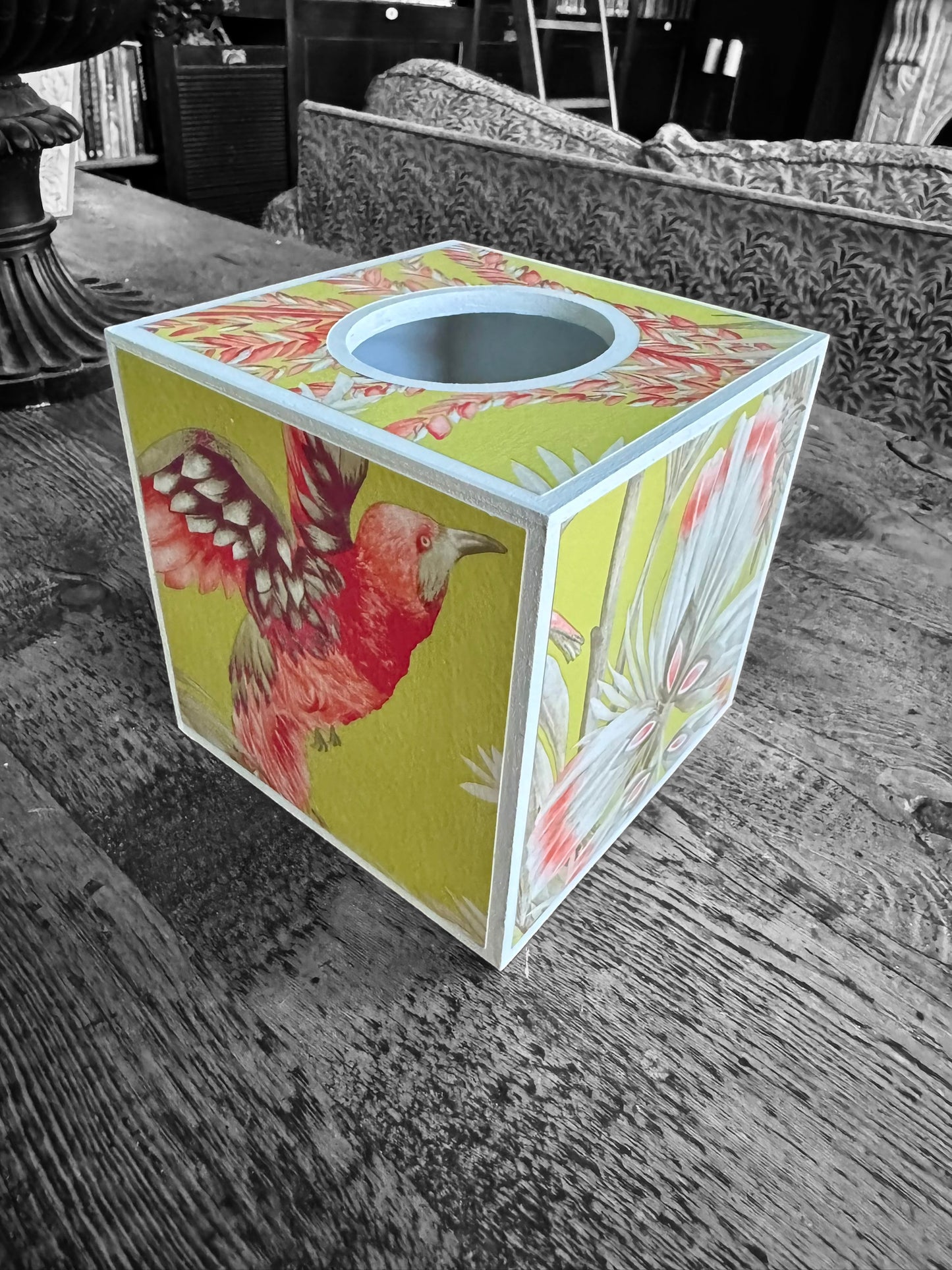 Twickenham - Matching set - Waste paper bin & square or rectangle tissue box cover - Decoupage in Bird of Paradise by Matthew Williamson in pink/purple colourway