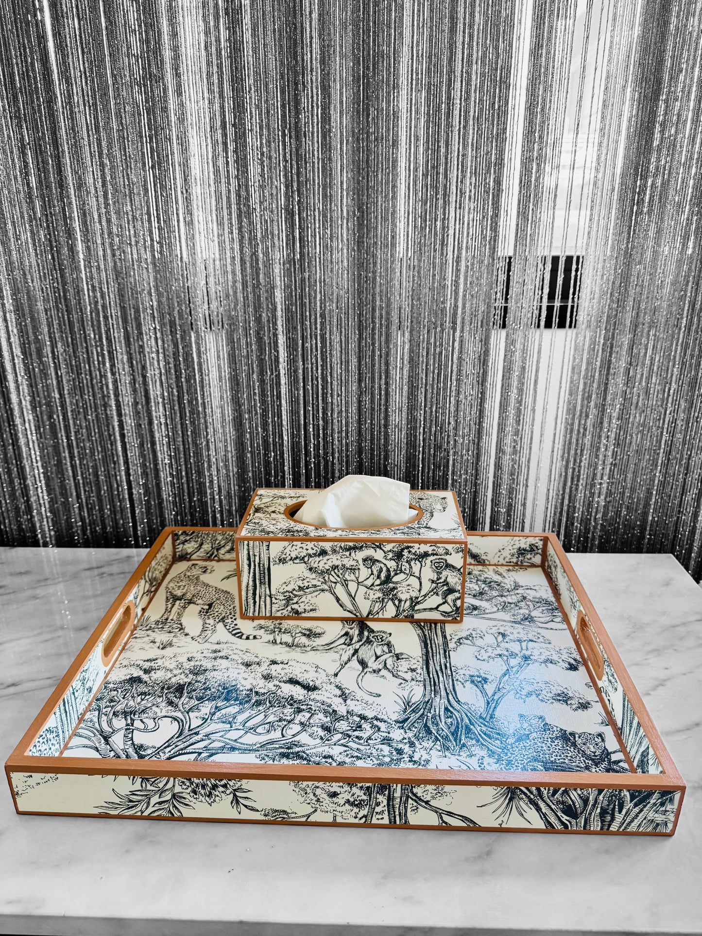 Cape Town - Ottoman tray available in 4 x sizes - Decoupage in Clarke & Clarke Kisumu in black/white colour way