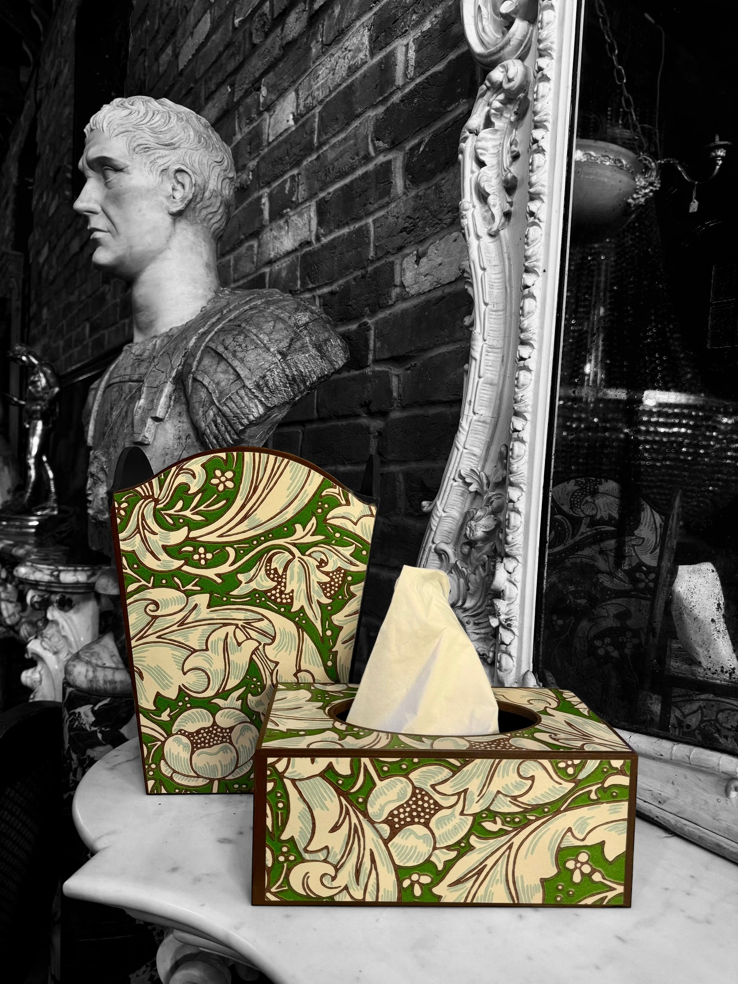 Clerkenwell waste paper bin and long tissue box cover - William Morris Batchelors Button leaf green/Sky. Handmade by Beatrice Bloom London