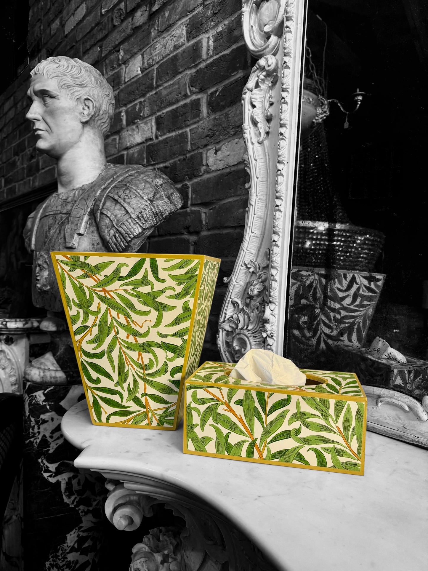Broadstairs - Matching set - Waste paper bin and square or rectangle tissue box cover - Decoupage in William morris Willow Boughs by Morris & co in spring colourway